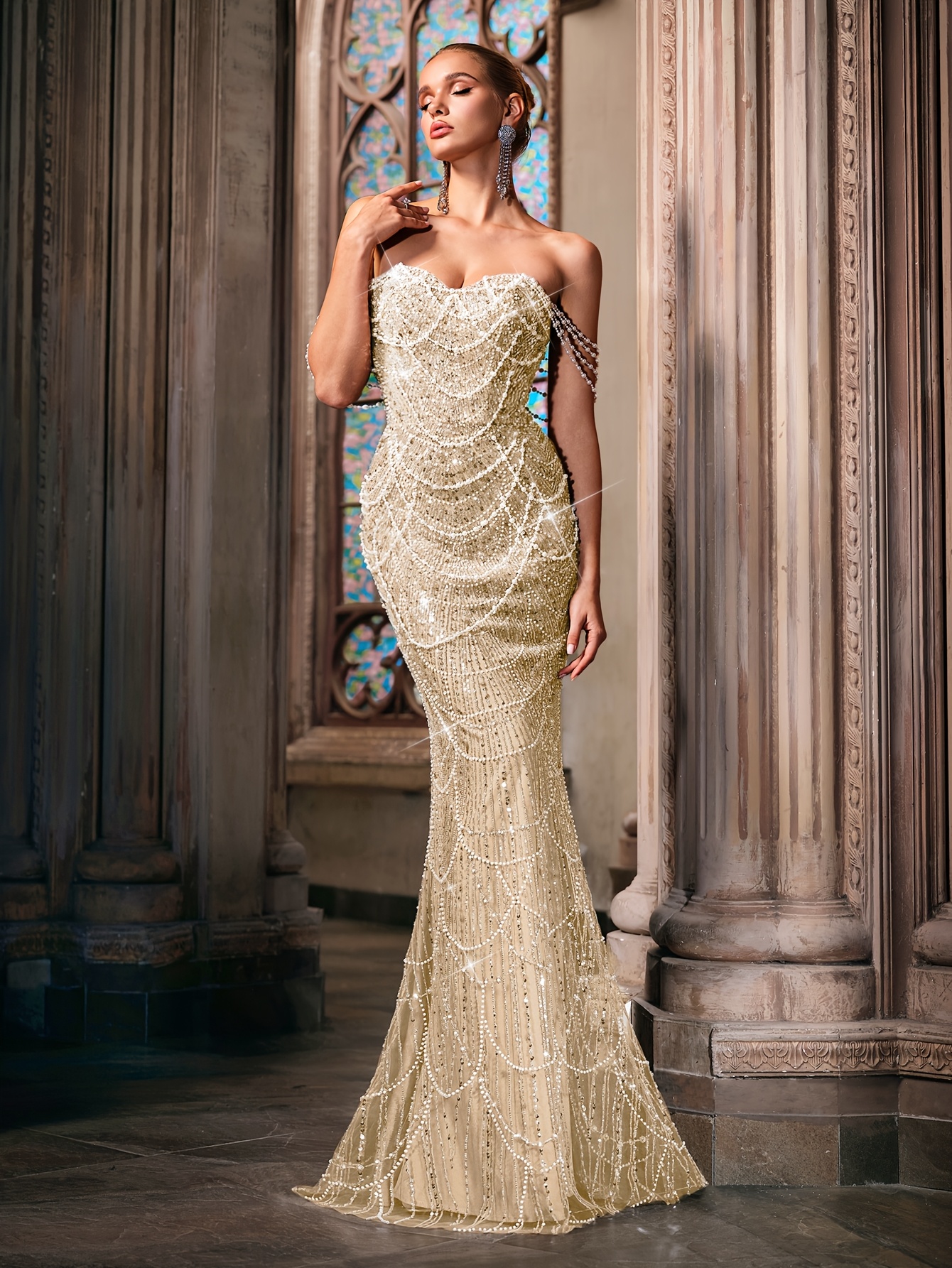 QOQ Elegant Off-Shoulder Beaded Bodycon Evening Gown, High-End Long  Sleeveless Mermaid Dress for Women, Solid Color Adult,