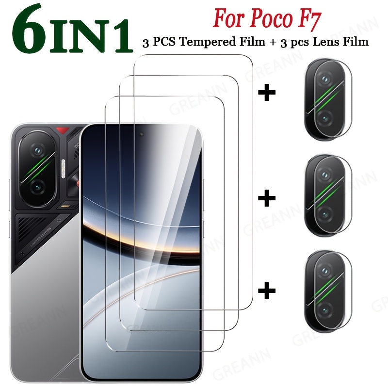 TEMU Paquete de (3+3) protectores de pantalla de cobertura total para Poco F7, vidrio templado para Poco F7, película de lente para Poco F7