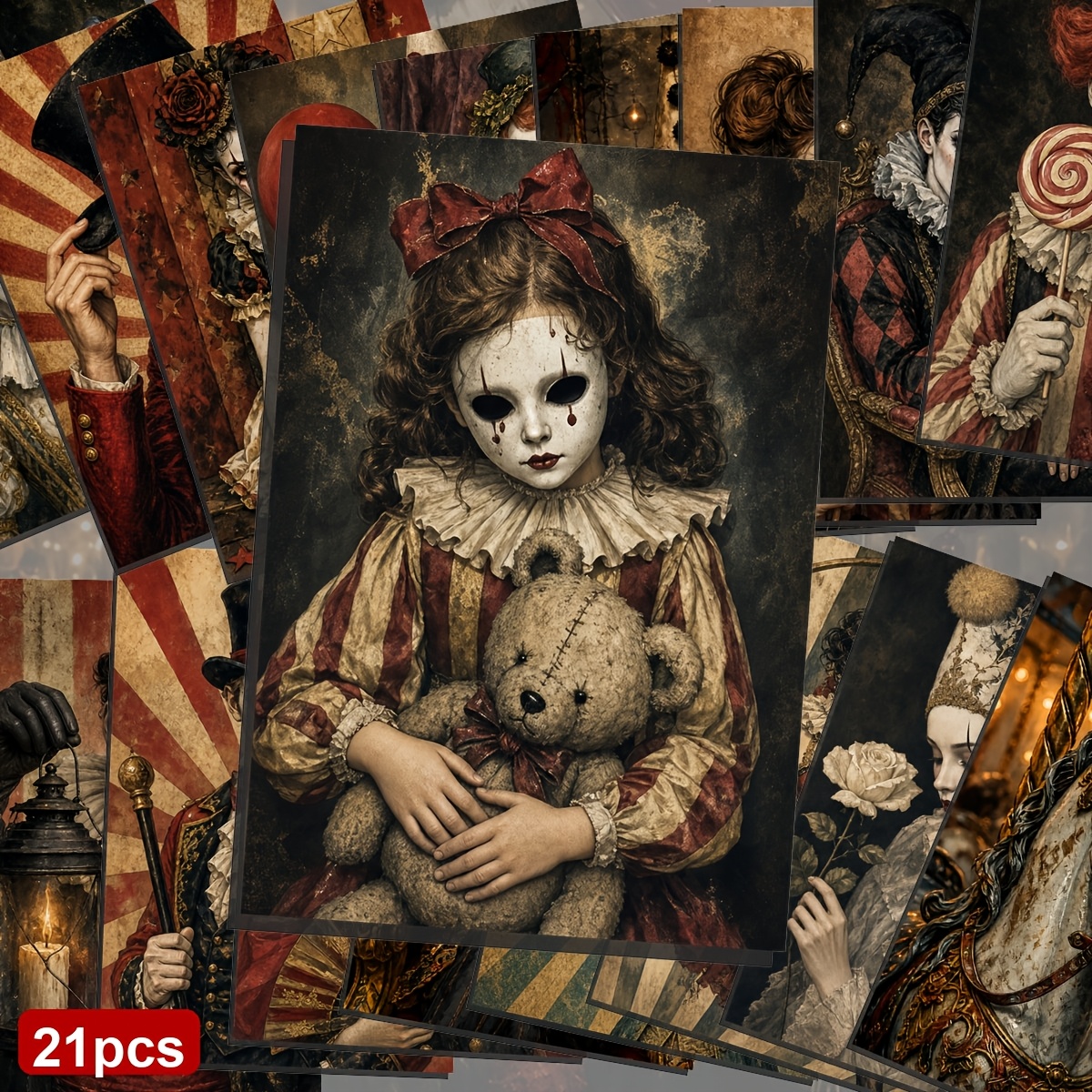TEMU Set Of 21 Assorted Circus-themed And Postcards - Measuring 9.5x14.5 Cm, Ideal For Halloween Gifts. Illustrative Artwork, Scrapbooking And