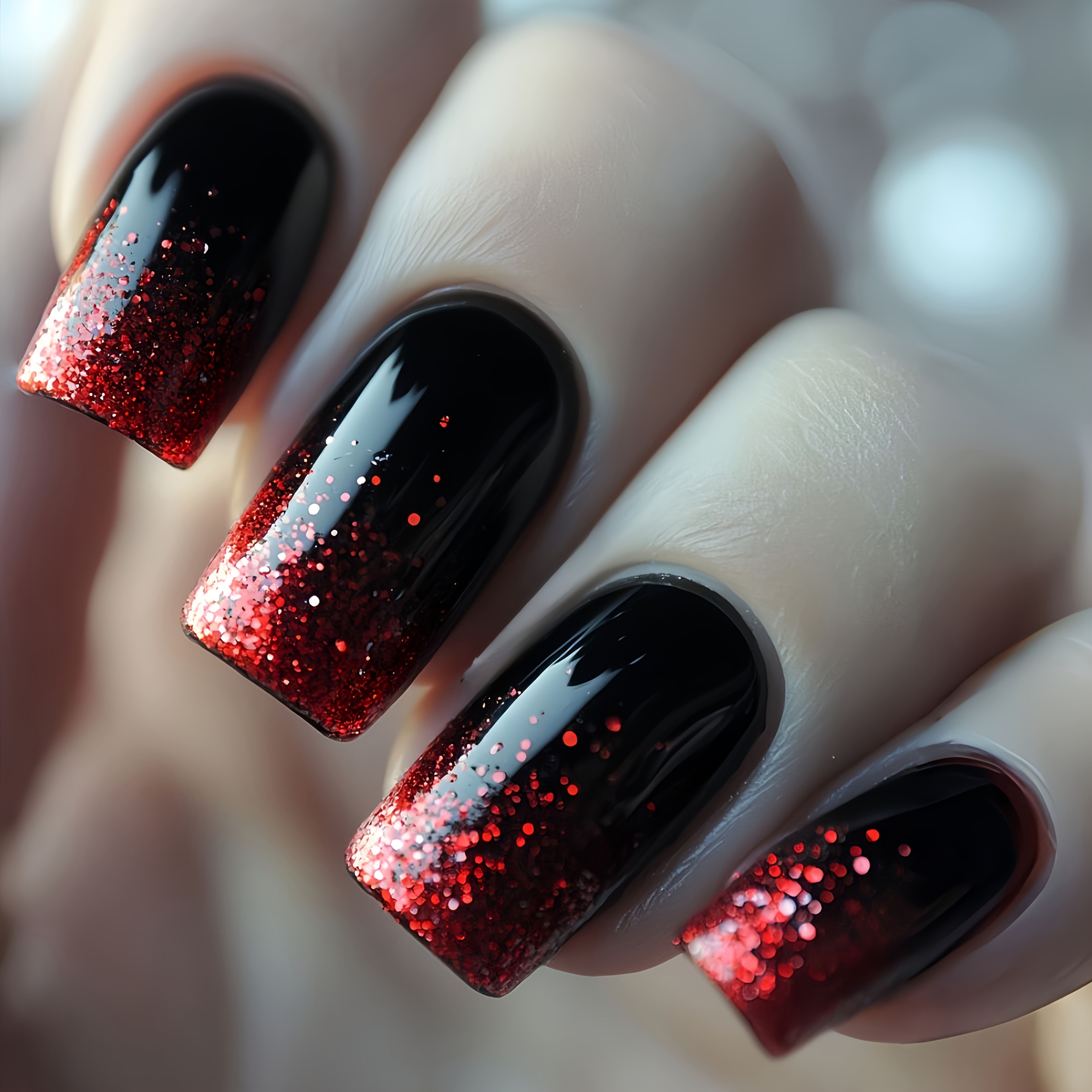 24pcs Valentine's Day Nails, Red Black Gradient Press-on Nails, Fake Nails, Medium Length Square Nails For Women, Detachable Artificial Nails