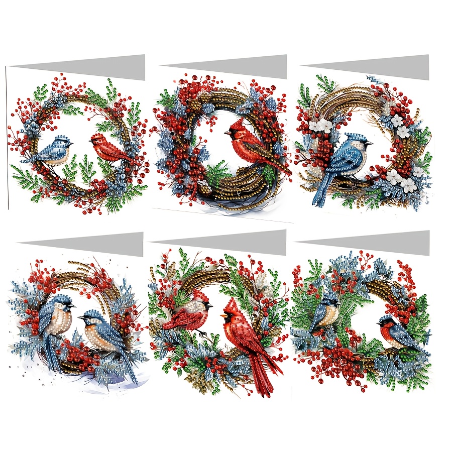 TEMU 1 Set van 6 stuks Diamant Schilderen Kerstkaarten, met Roodborstelaap en Blauwe Borstelaap ontwerpen. Deze handgemaakte kaarten worden geleverd