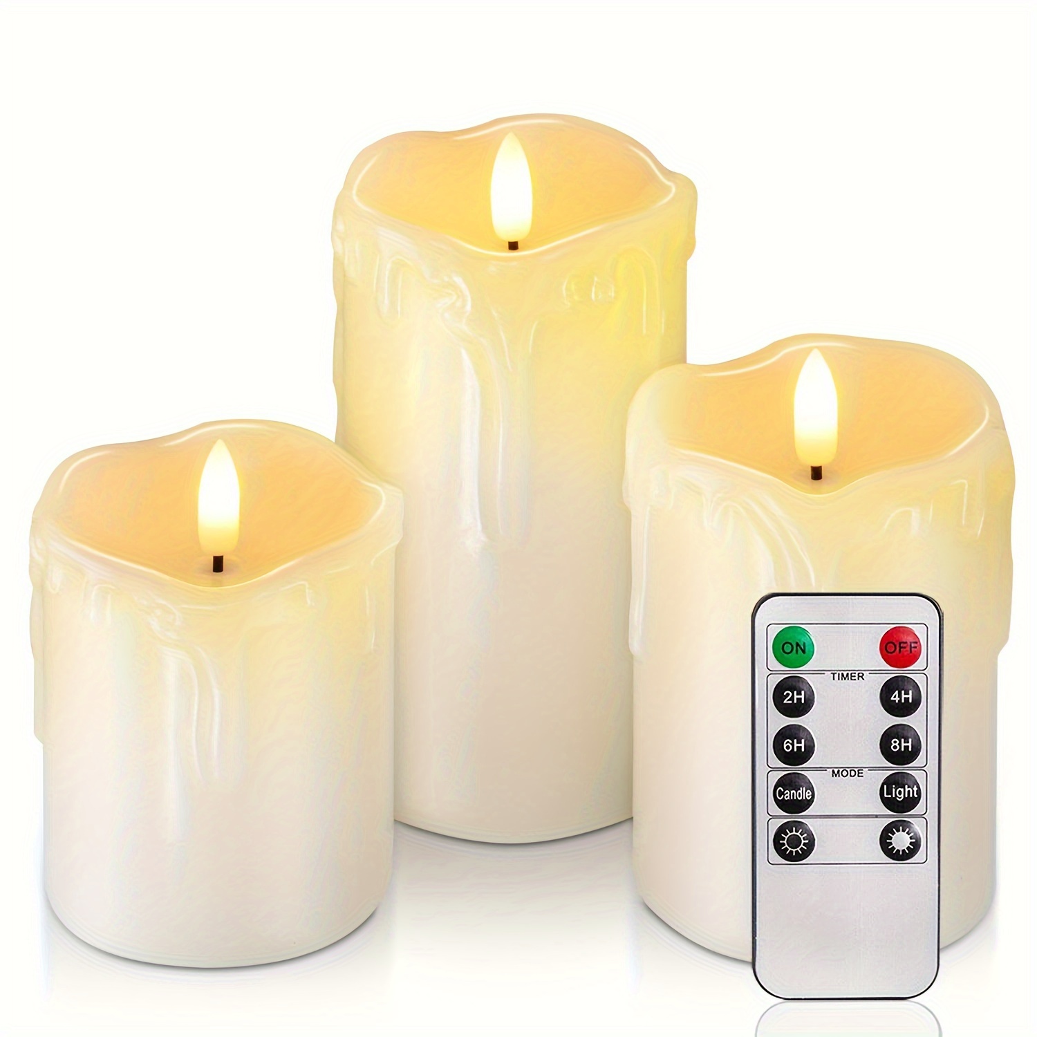 

3pcs Dripping Wax Flameless Candles, Real Wax, Battery Operated Candles, Led Pillar Candles, With Remote Control And Timers, Electric Fake Candles, D3 X H4 5" 6