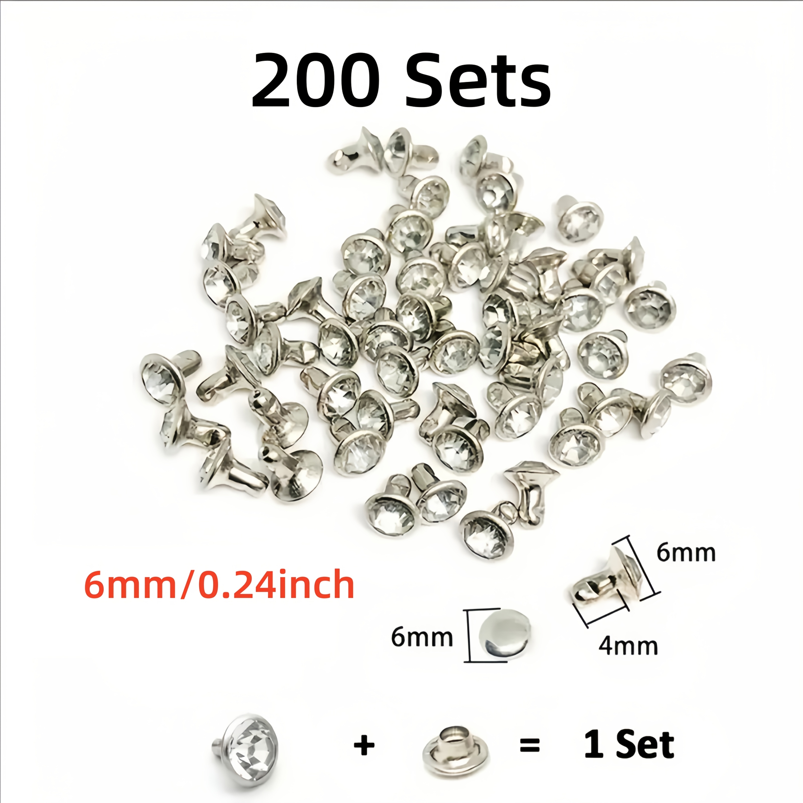 200 Sets Rhinestone Rivet Kit, White Transparent Crystal-like Snap Studs, 0.6/0.8/1cm