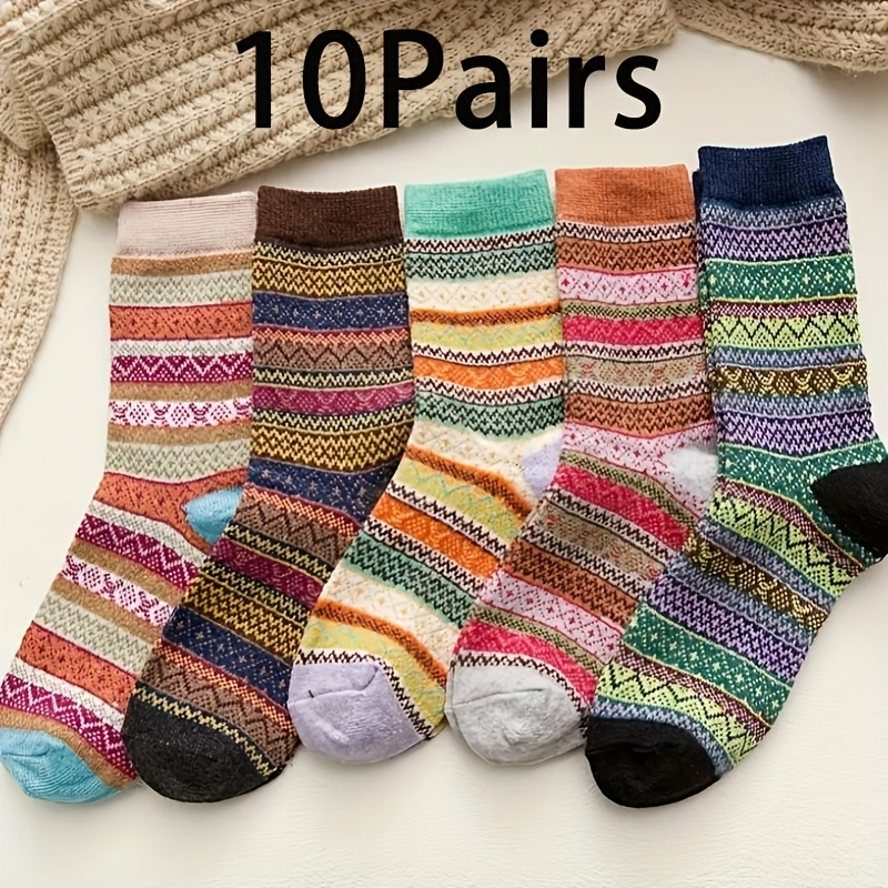 

10 Pairs, Comfortable Wool Color Block Geometric Pattern Mid Tube Socks In Autumn And Winter - Super Soft, Breathable, Comfortable - Very Suitable For , Knitted Calf Warm Socks And Sock Essentials