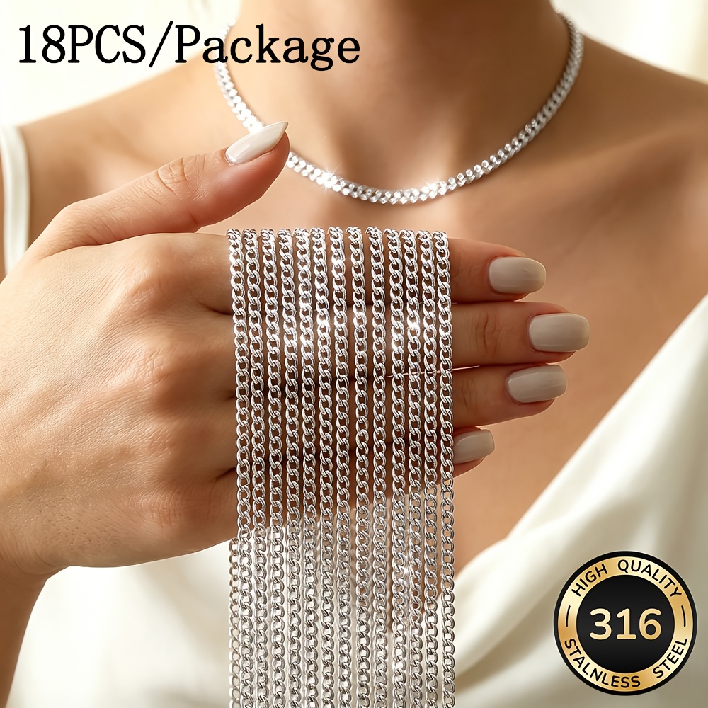 TEMU 18pcs/package Stainless Steel Classic Nk Chain Necklace, +5cm/1.96inch Extension Tail Chain, Waterproof And Durable Hypoallergenic Material,