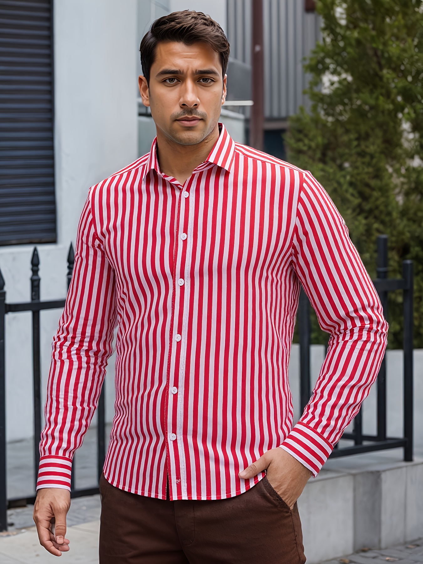 Long Sleeve Red And White Striped Dress Shirt Mens Steven Land Burgundy  Striped IN French Cuff