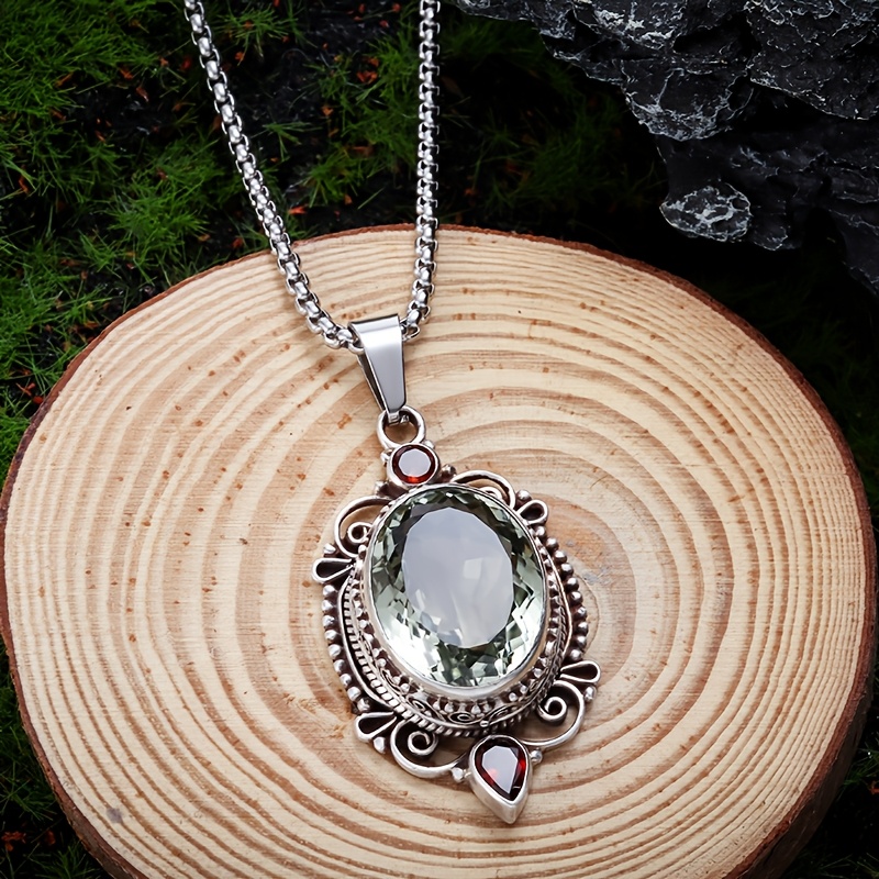 TEMU 1pc Retro Light Luxury Silvery Carved Olive Green Synthetic Zirconia Pendant Necklace - With Red Synthetic Zirconia Embellishment, A Versatile