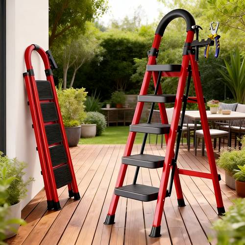 item picture 500lbs load bearing folding ladder heavy duty steel step stool with anti slip wide treads handrails safety lock design black and red color scheme portable multi functional ladder for home and kitchen use xphyn