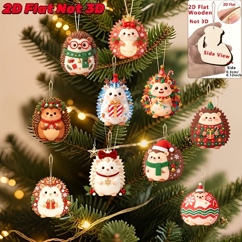 TEMU 2d Flat, 2d Flat - 10pcs Small Hedgehog Wooden Christmas Hanging Ornaments, Christmas Tree Decorations, Christmas Style Bell Ornaments, Suitable
