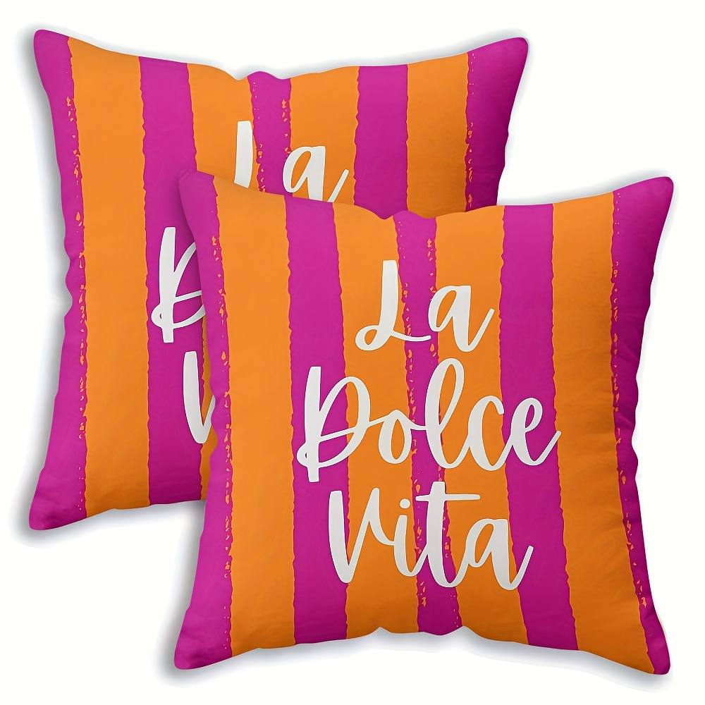 E-shop 2 Stück Kissenbezüge, Rosa-Orange Gestreift mit " Vita" Druck, Doppelseitiges Design, Waschbare Dekokissenhüllen (ohne Füllung), 18x18 Zoll für