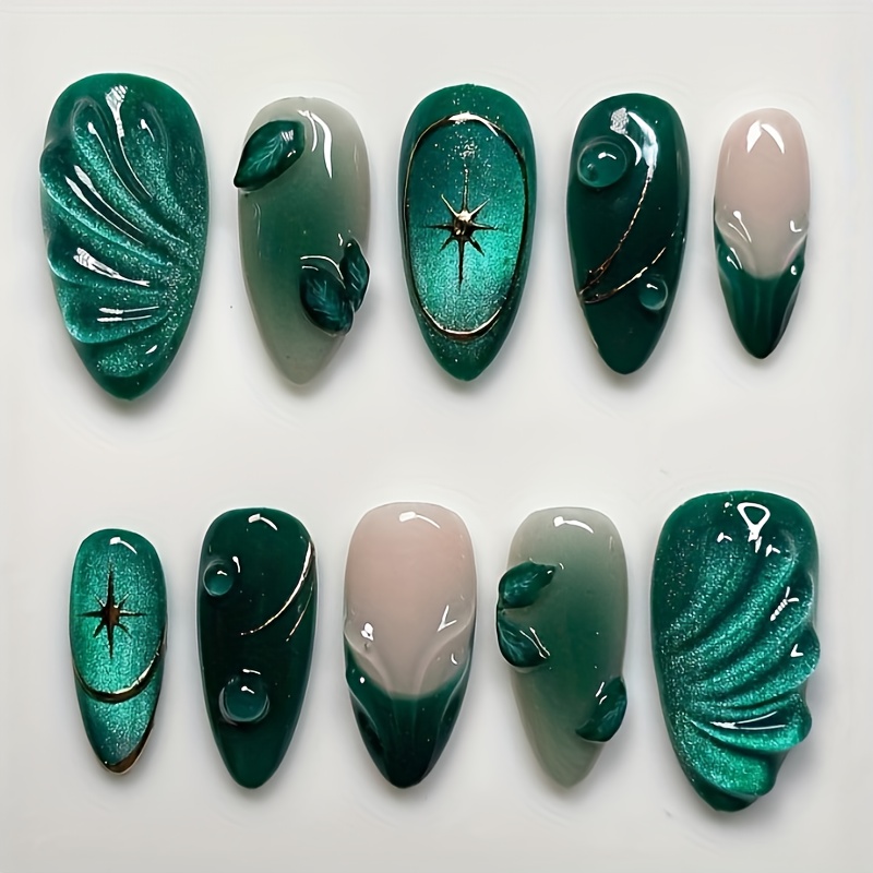 TEMU 24pcs Chinese Fake Nails With Almond Shape, Three-dimensional Green Corrugated 's , Patch Detachable Fake Nails