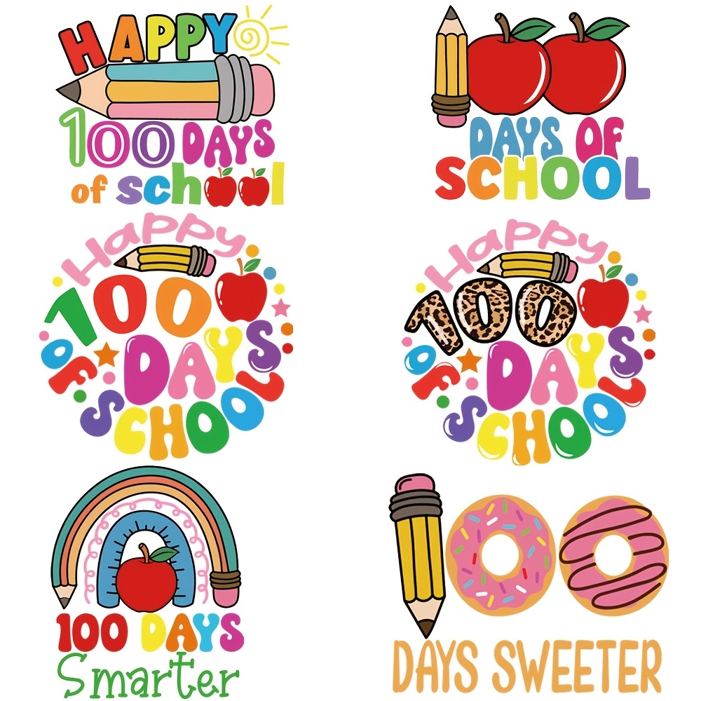 

6pcs Days Of School Themed Heat Transfer Vinyl Stickers, Diy Iron-on Patches, Washable And Decals For Clothing, T-shirts, Bags, And Fabric Crafts