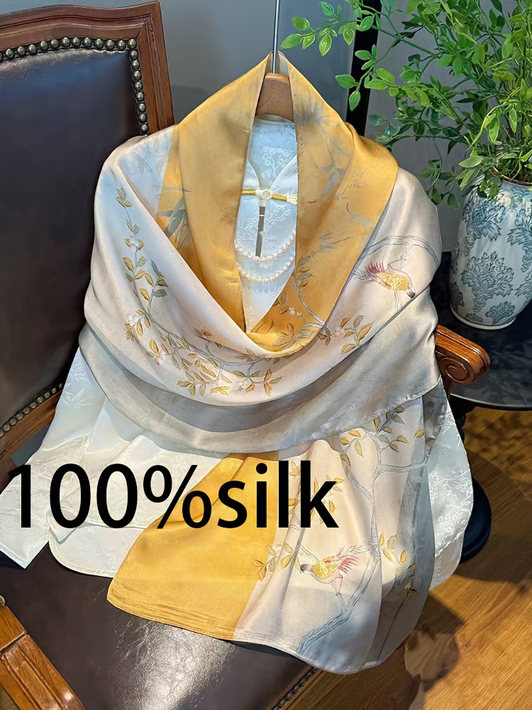 OAW Women's 100% Silk Scarf Shawl - Lightweight Apricot Beige & Turmeric-Yellow Branch Bird Print Suitable for Casual Outings, Office, Travel, Wraps, Neck Warmers, Bag - Elegant Oriental Design with Soft Satin Sheen