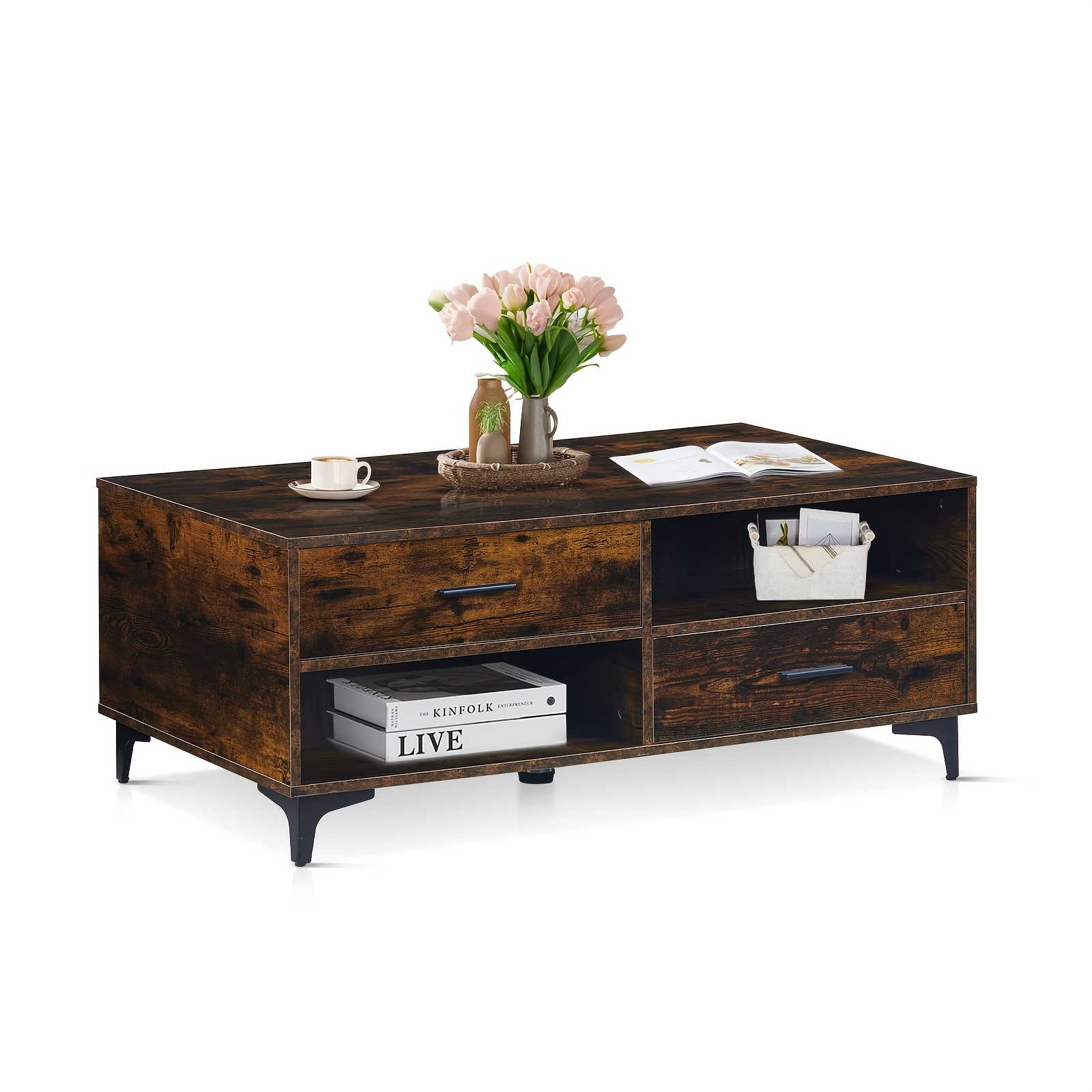 Coffee Table With Storage, Wooden Centre Table Living Room With 4 Drawers And 4 Open Shelves, Modern Rectangle Tea Table For Home