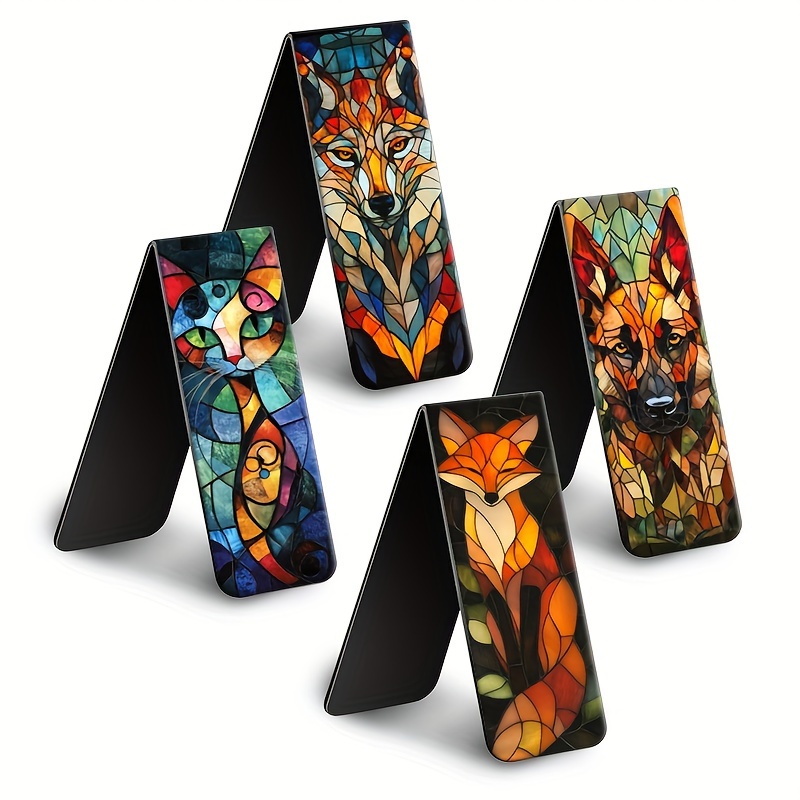 

4pcs Magnetic Bookmarks Set - Cat, Wolf, Dog, Fox Designs With Stained Glass Effect - Cardboard Page Markers For Students & Teachers, Texture Illustration, Page Clip, Reading