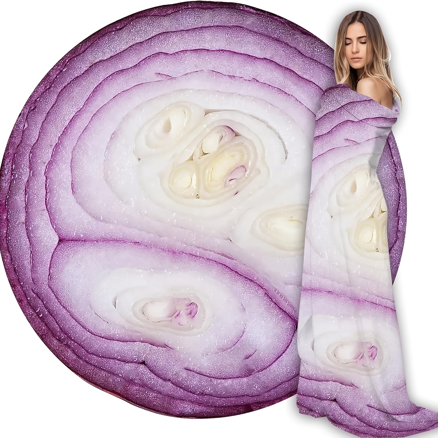 

Onion Food Blanket - Soft & Cozy Flannel Round Novelty Throw, Bed, Sofa, Outdoor - , Contemporary In Purple & White