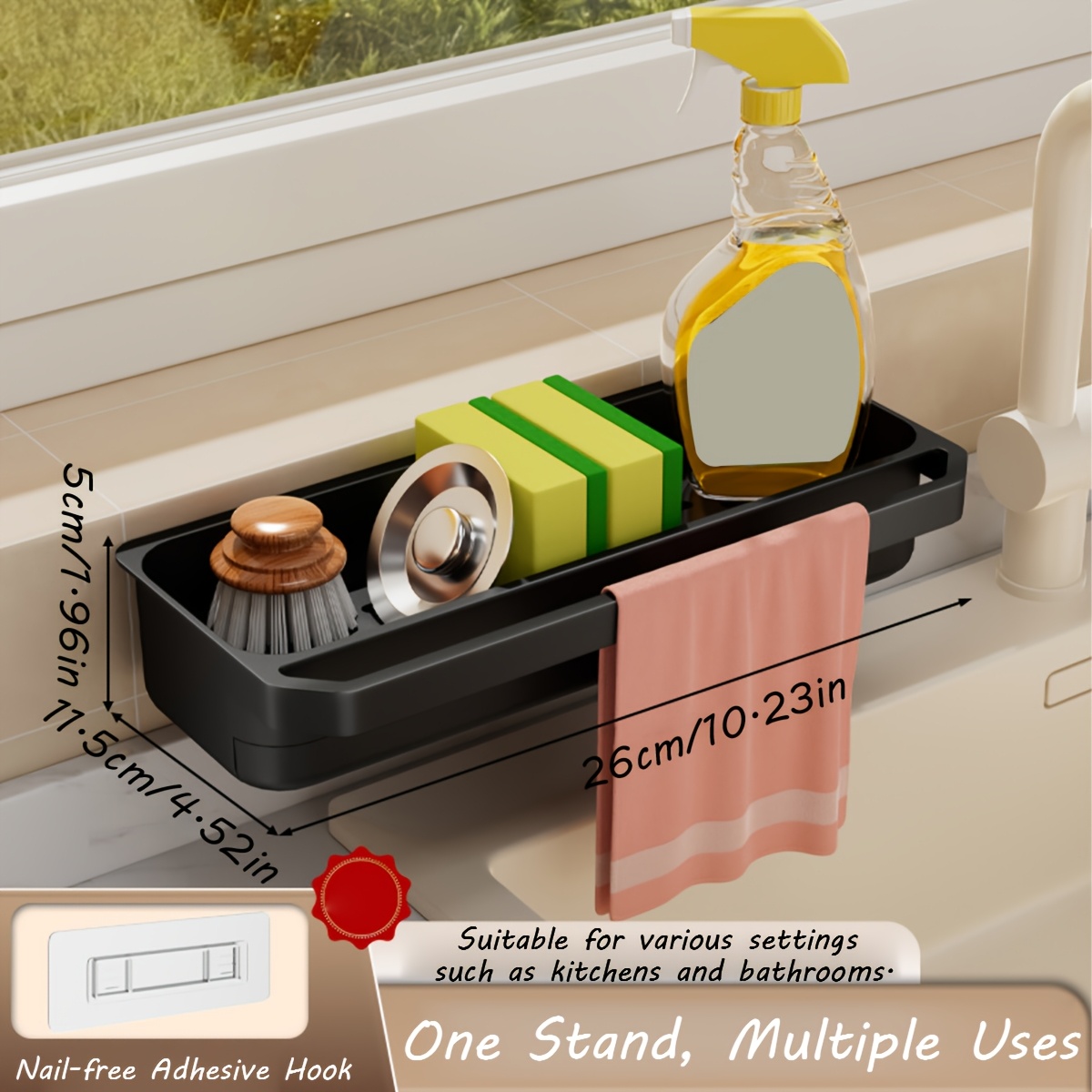 TEMU Porte-éponge de grande pour évier de cuisine - Étagère en fil d'acier avec égouttoir, convient pour éponges, brosses, chiffons et savon, ajouts