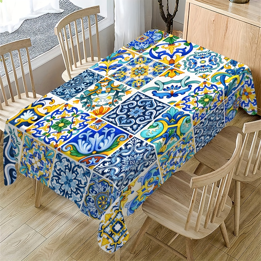 TEMU 1pc Blue Rectangular Tablecloth, Durable Polyester, Bohemian Tablecloth, Suitable For Indoor And Outdoor Use, Home Kitchen Dining Table