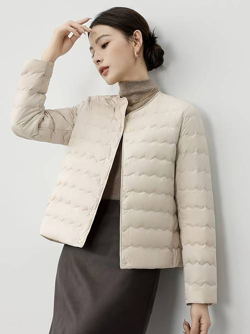 womens quilted jacket filled with natural down warm light and beautiful as an inner layer with a collarless button down winter coat lightweight outerwear