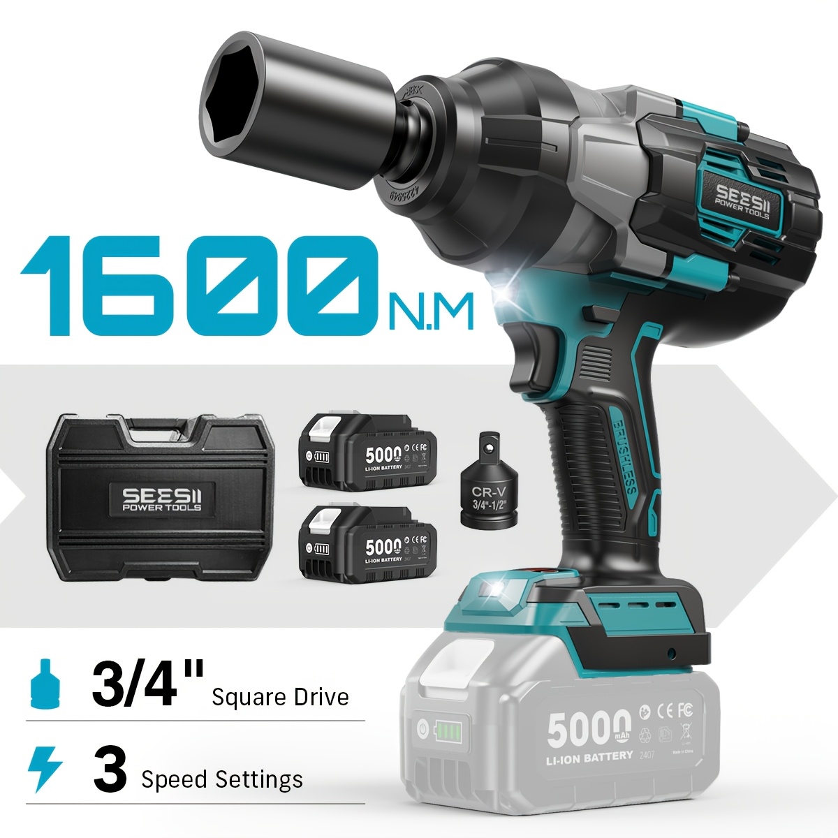 TEMU Seesii 1600nm Cordless Impact Wrench With 2pcs 5000mah Battery, 3/4'' Brushless Cordless Impact Wrench, 3-speed Gearbox, External Square Drive,