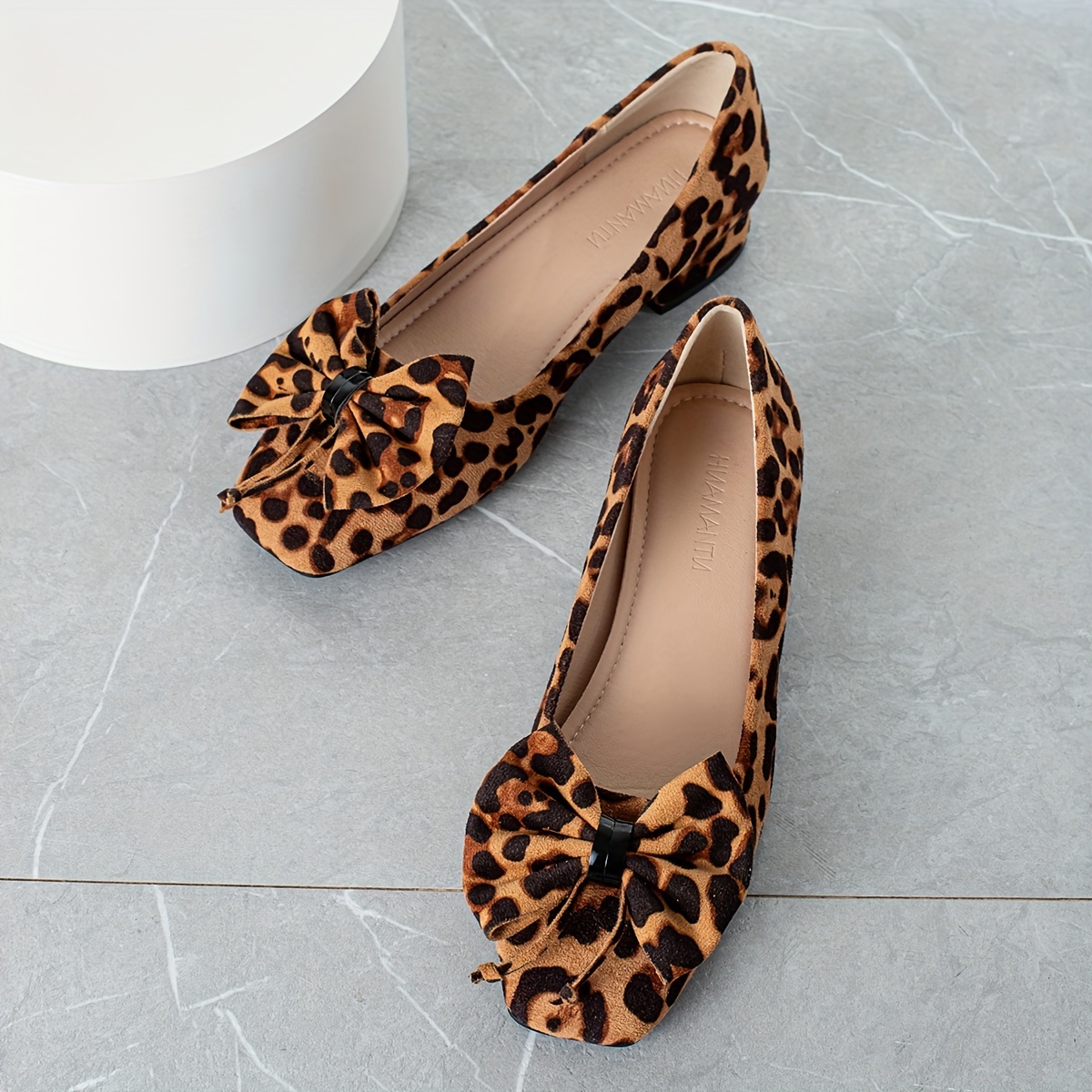 

Women's Bowknot Decor Chunky Heels, Fashion Square Toe Dress Pumps, Stylish Slip On Leopard Print Heels