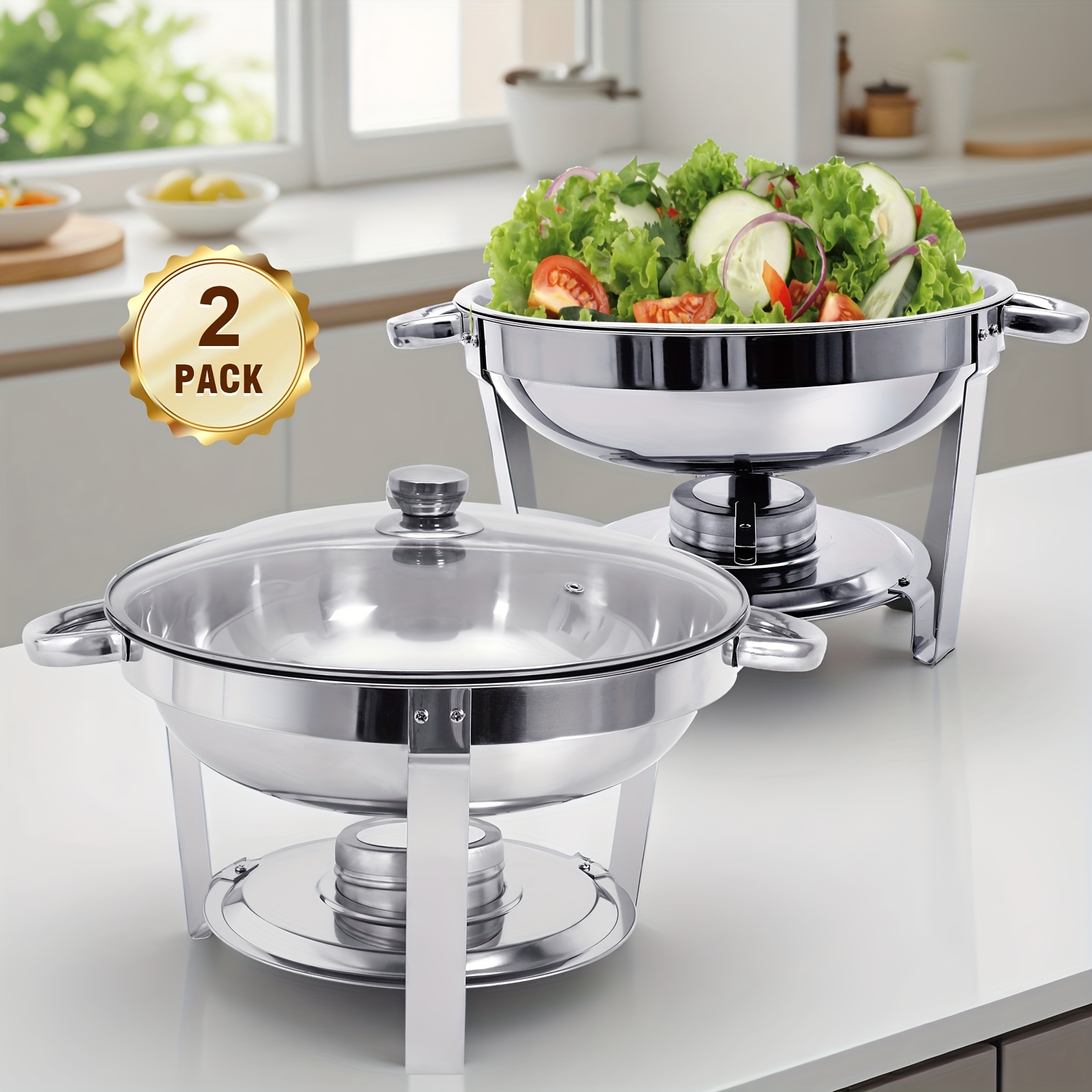 Image of 6qt Chafing Dishes For Buffet, Round Chafing Dish Buffet Set, Stainless Steel Buffet Food Warmers Sets For Catering Events Parties Dinners With Complete Set, Golden And Silver, Cooking