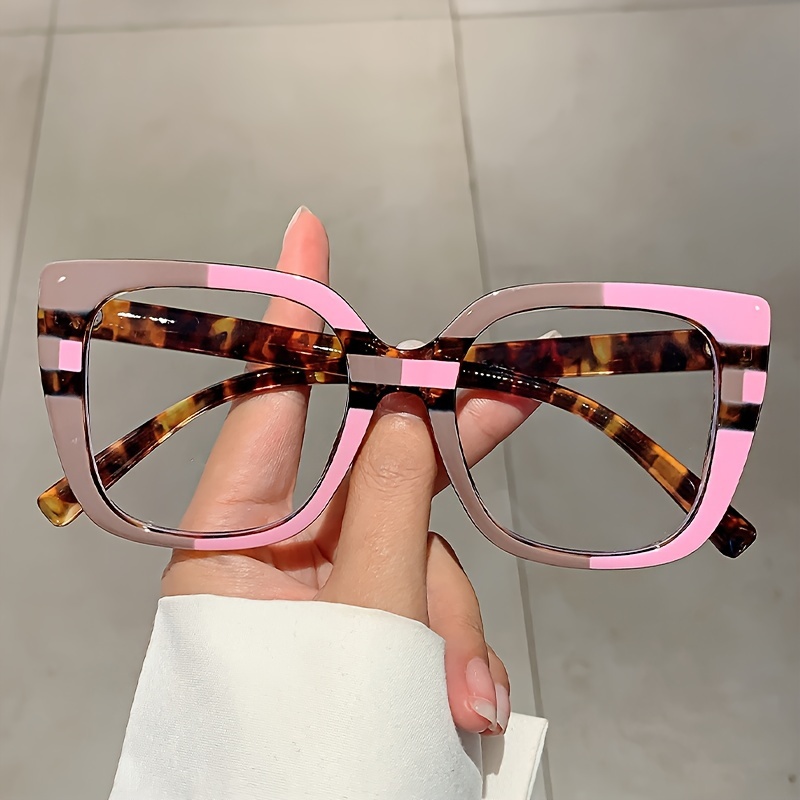 New Women Square Color Block Glass Large Frame Fashionable Leopard Decorative Eyeglasses