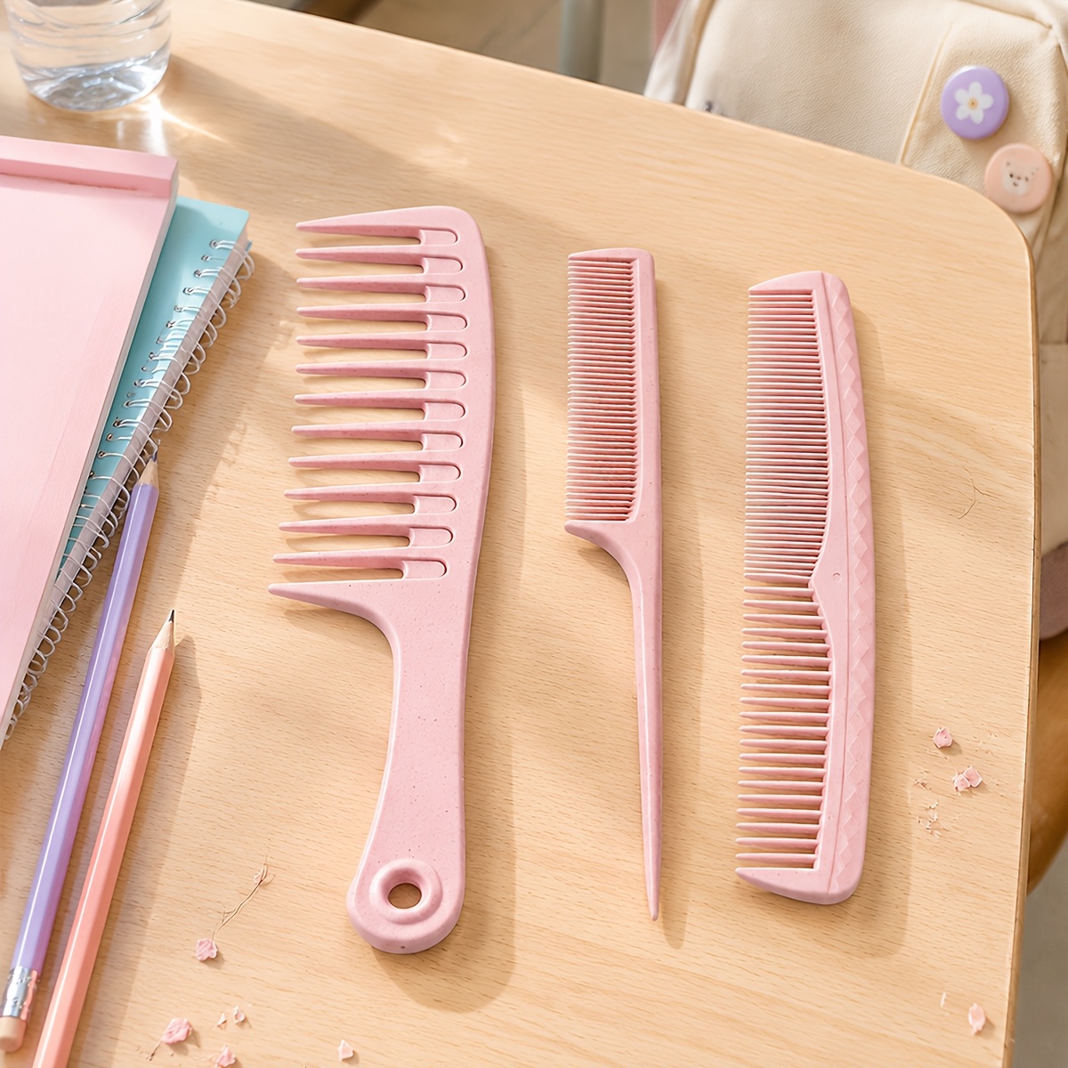 TEMU Wide-tooth Comb Set With Pointed Tail Comb, Detangling Comb Suitable For Thick Long Hair, Back To School, Autumn Travel And Daily Use