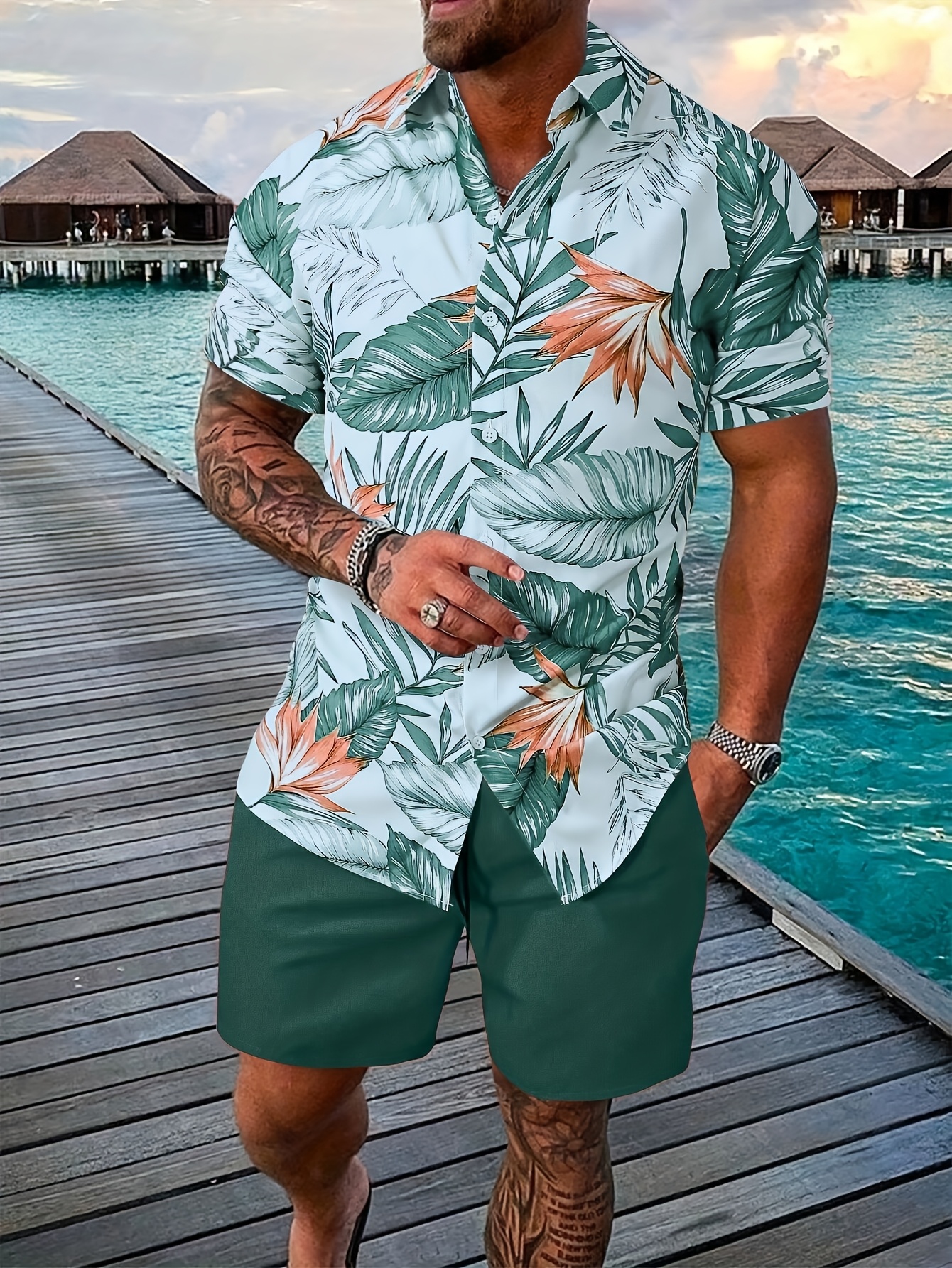 ensemble dété   hawaïen avec short de plage et chemise à manches courtes imprimée 0