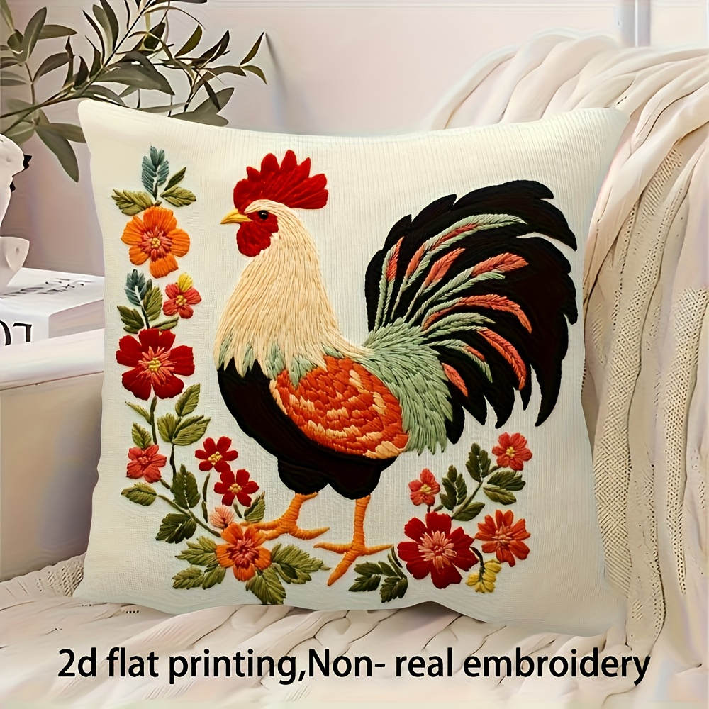 TEMU 2d Flat - 1pc Vintage Rooster And Floral Pattern Pillowcase, 18x18 Inches - Soft Short Plush, Single-sided Print, Zipper Closure, Machine