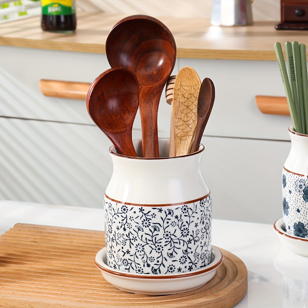 2pcs set ceramic large capacity kitchen utensil storage rack with ceramic base cherry   pattern kitchenware holder   desktop countertop storage and decoration Product details 3