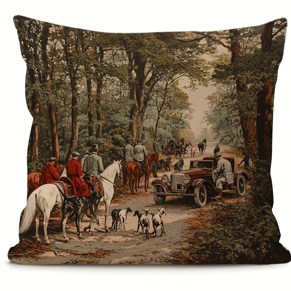 TEMU 1pc Vintage Fox Hunting Scene Throw Pillow Cover - Double-sided, Autumnal Equestrian Design, Machine Washable With Zippered Closure - Ideal For