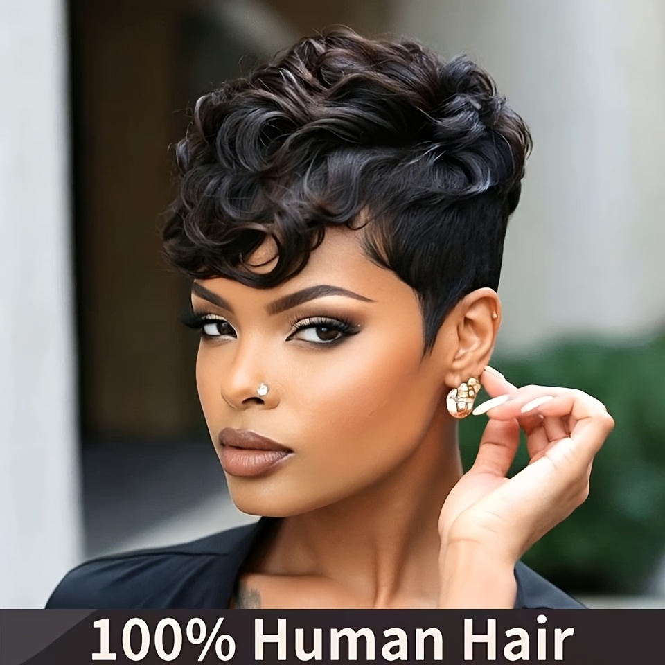TEMU Short Curly Cut Human Hair Wig For All People, 180% Density Thick Natural Black Short Wig With Bangs, Breathable Net Glueless Wig, Re-stylable