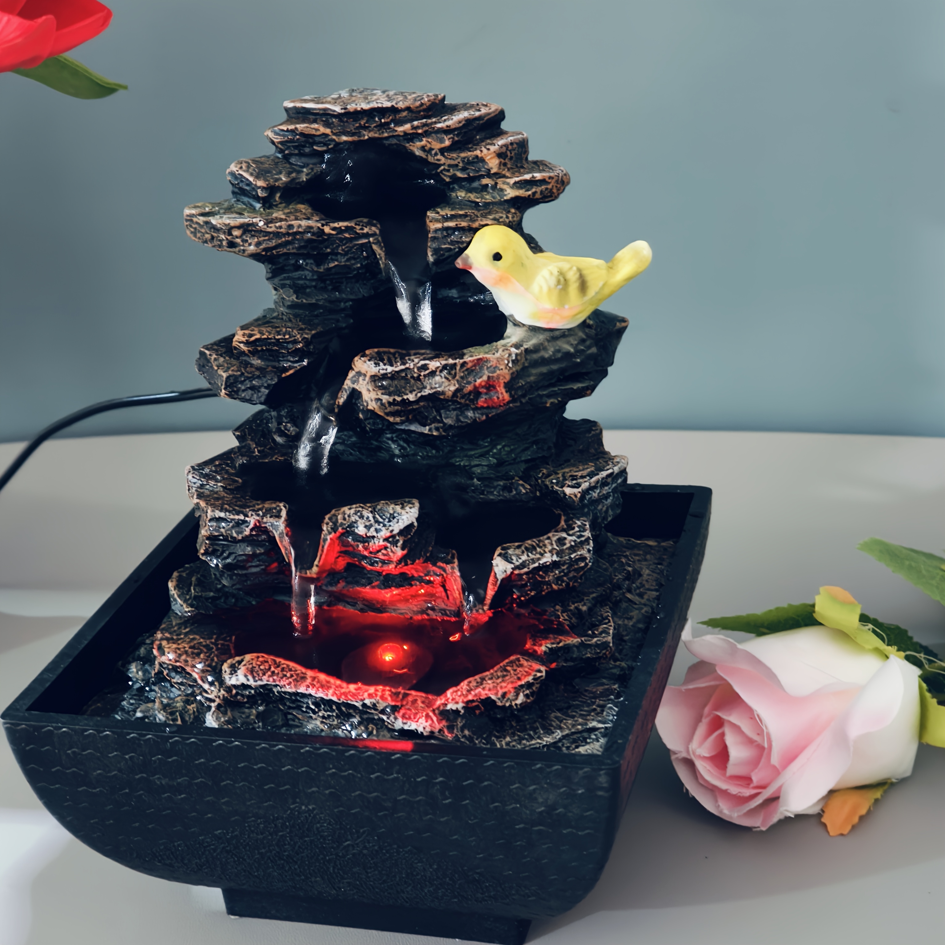 1 set of resin color-changing light imitation landscape fountain, bird rockery fountain, desktop placement creative USB power design, suitable for home and office decoration, suitable for business and Christmas, Valentine's Day, Thanksgiving and housewarming gifts