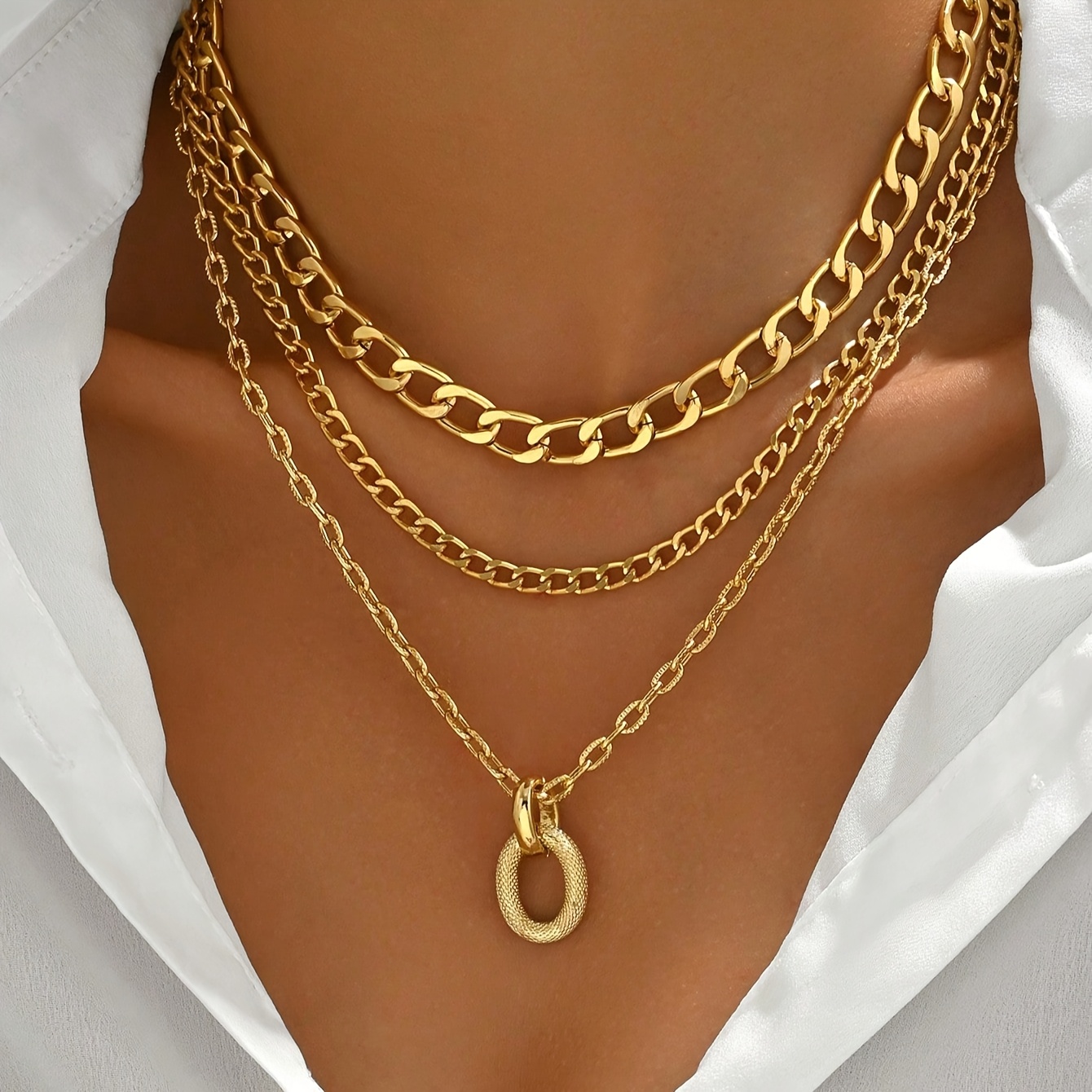 TEMU A Hip-hop Style Multi-layered Women's Necklace With A Cuban Link Pendant, Suitable For Gifting And Daily Wear