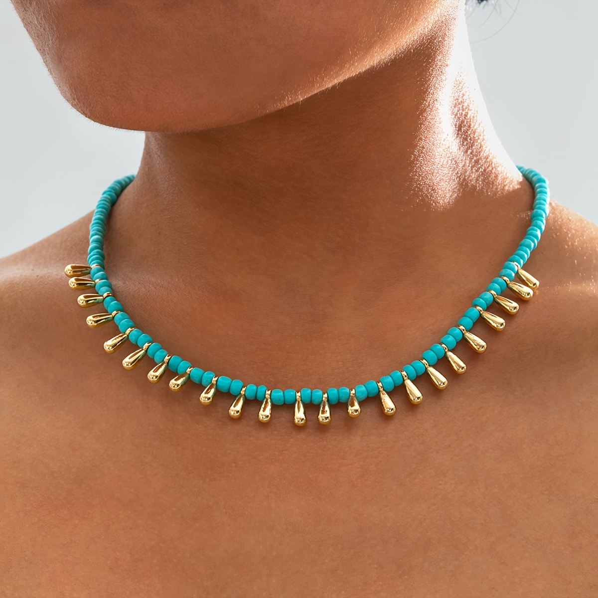 1pc Bohemian Casual Bead Teardrop Pendant Versatile Women's Neck-hugging Collarbone Chain, Suitable For Seaside Beach Vacations, Parties, And Balls