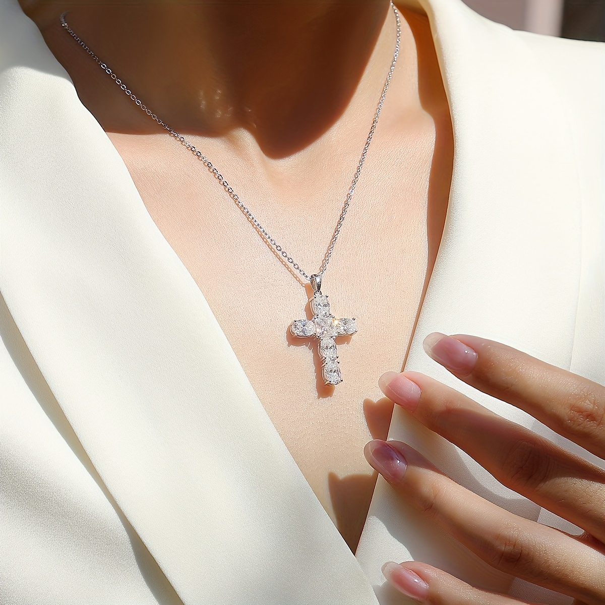 Classic Cross Pendant Necklace with Sparkling Moissanite