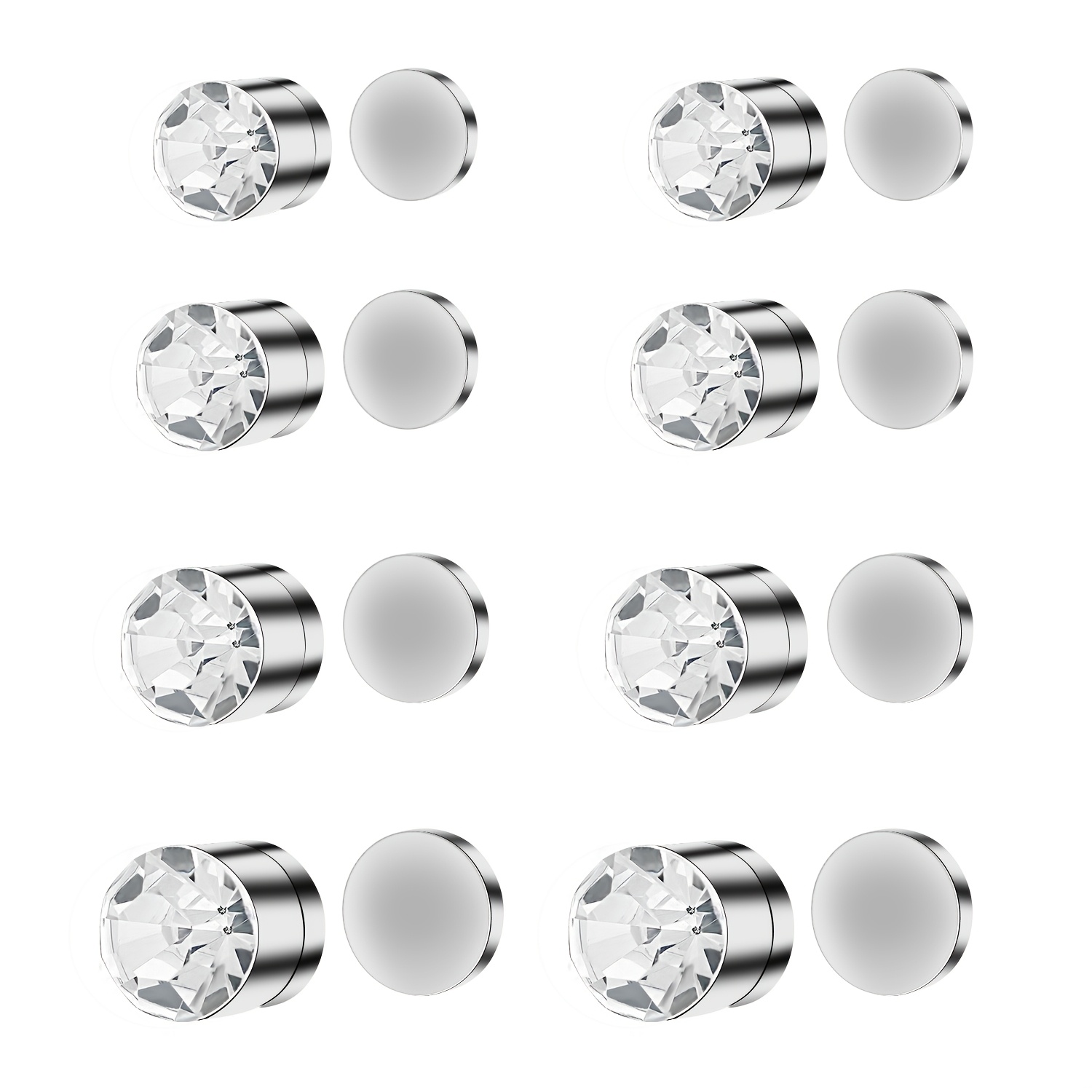 

8pcs Chic Fake Nose & Ear Stud Set - Silvery Stainless Steel, Cubic Zirconia Accents, Non-piercing Jewelry For Casual Attire & Gifting