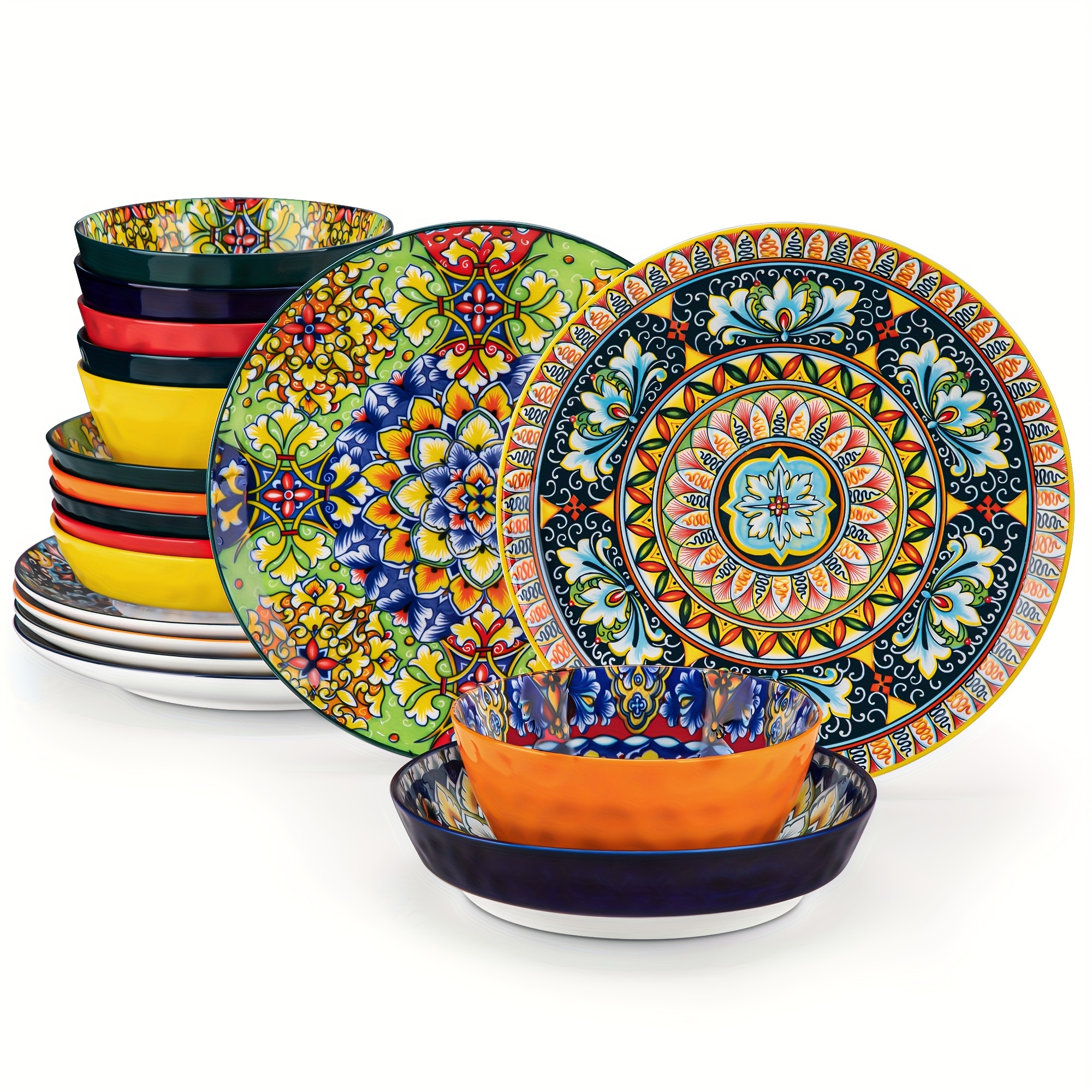 TEMU 18pcs Bohemian Style Dinner Set - Vibrant Floral Porcelain Tableware With Dinner Plates, Pasta Bowls, And Cereal Bowls For 6 - Christmas,