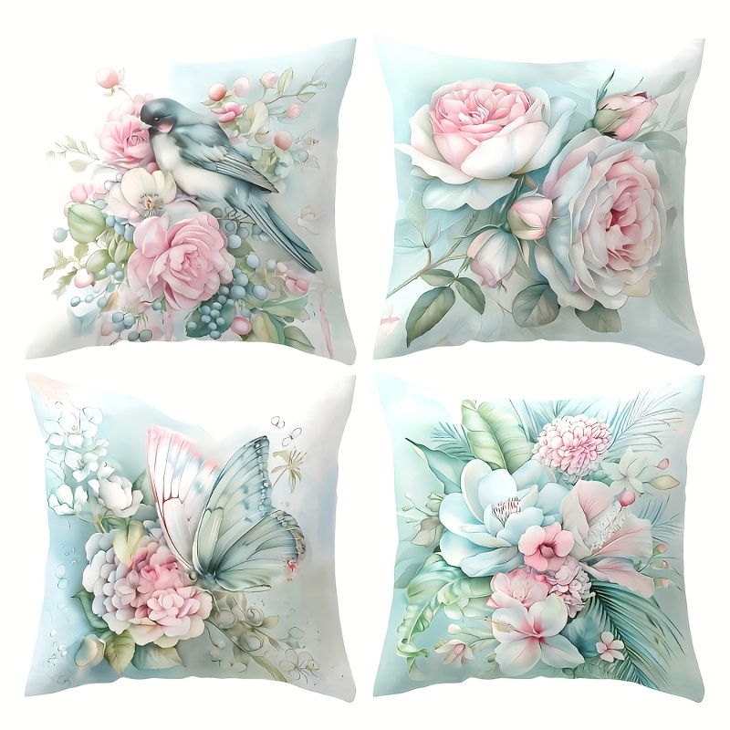 TEMU 4pcs Sofa Cushion Cover, Fresh And Elegant Style Bird, , And Flower Pillowcase, 45cm X 45cm Double-sided Printed Home Decor Sofa Lumbar Support