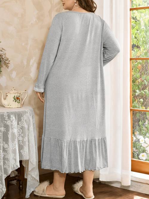 new european and spring autumn solid color beautiful plus size womens long sleeve with cuffs v neck lace chest bow decoration ruffle casual loose and comfortable nightgown dress
