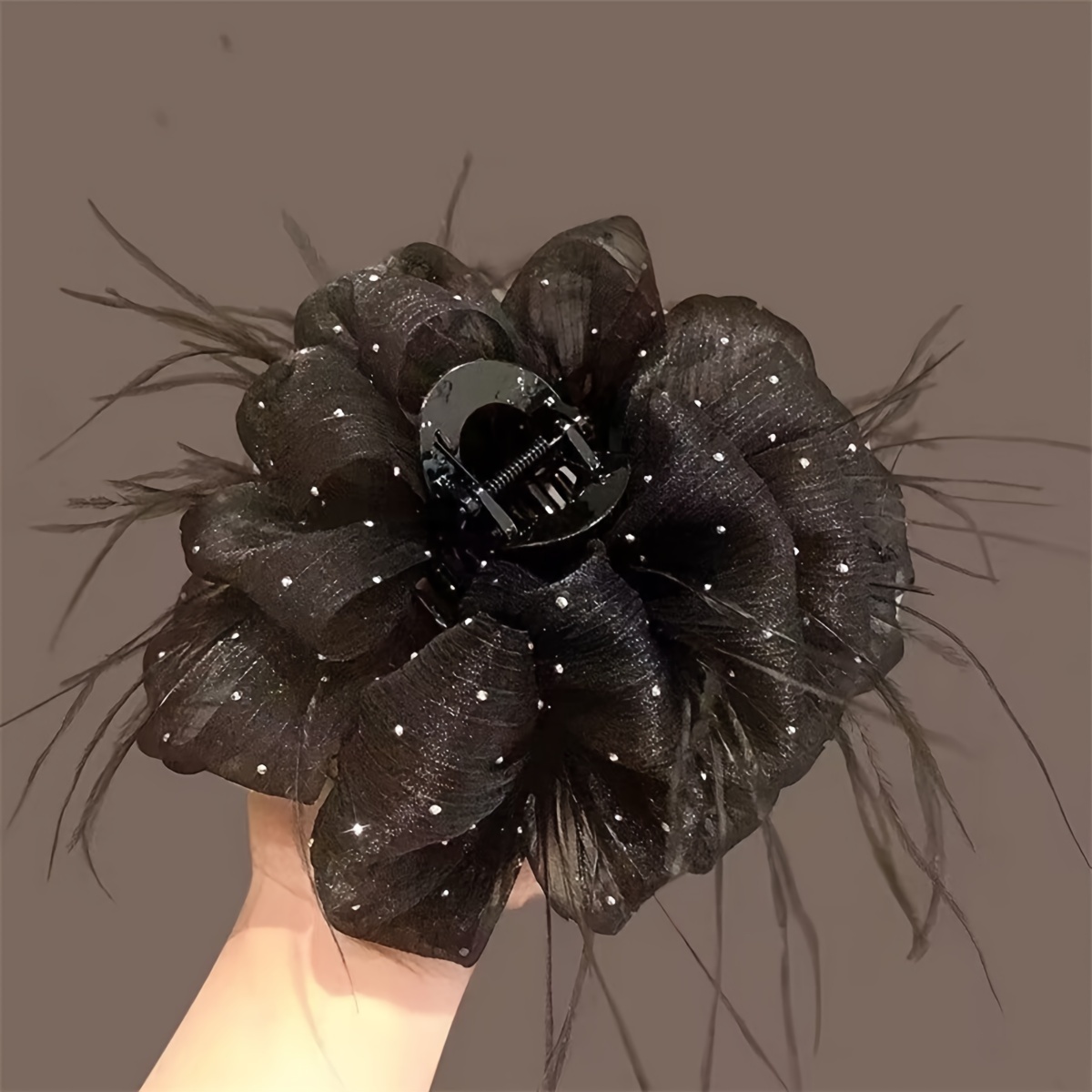 TEMU Elegant Glitter Starry Feather Hair Claw Clip, Women's Volumizing Hair Clamp, Bohemian Shark Clip Floral Accessory For Updos