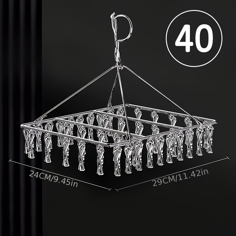 

Stainless Steel Clothes Drying Rack With Swivel Hook - Windproof Laundry Hanging Organizer With 20/40 Clips For Socks, Bras, Underwear - Metal Multipurpose Clip Hanger