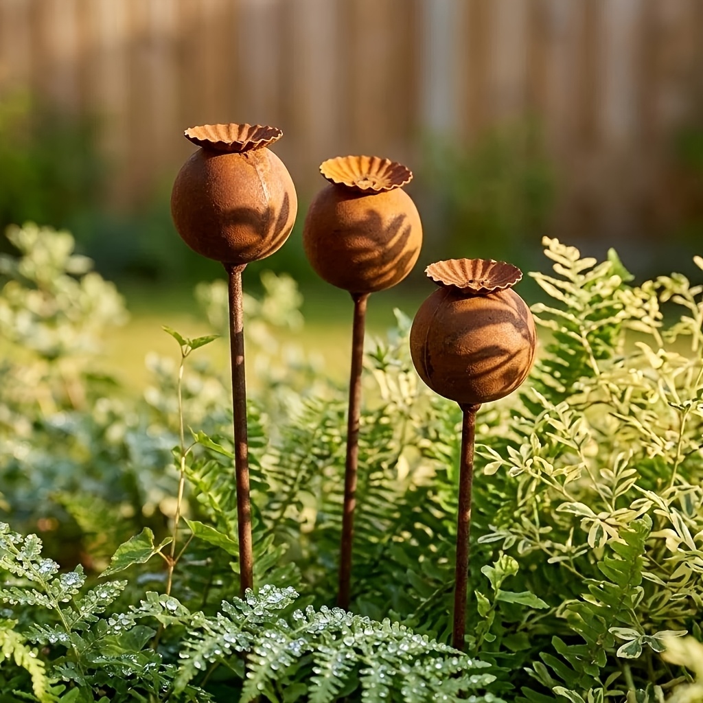 TEMU 3pcs Metal Wrought Iron Rusty Design, Rustic Flower Stake Decor - Brown Outdoor Decoration, Design - Suitable For Patios, , Flower Pots, Holiday