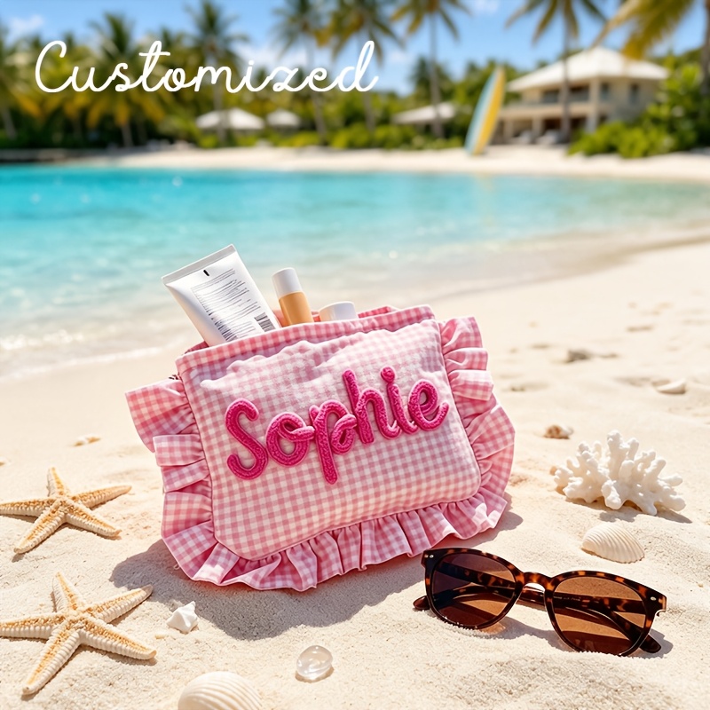 TEMU Personalized Name/initials/text Custom Cosmetic Bag - Large Capacity Korean Style Plaid Ruffle & Lace Suitable For &, Zipper Closure Travel