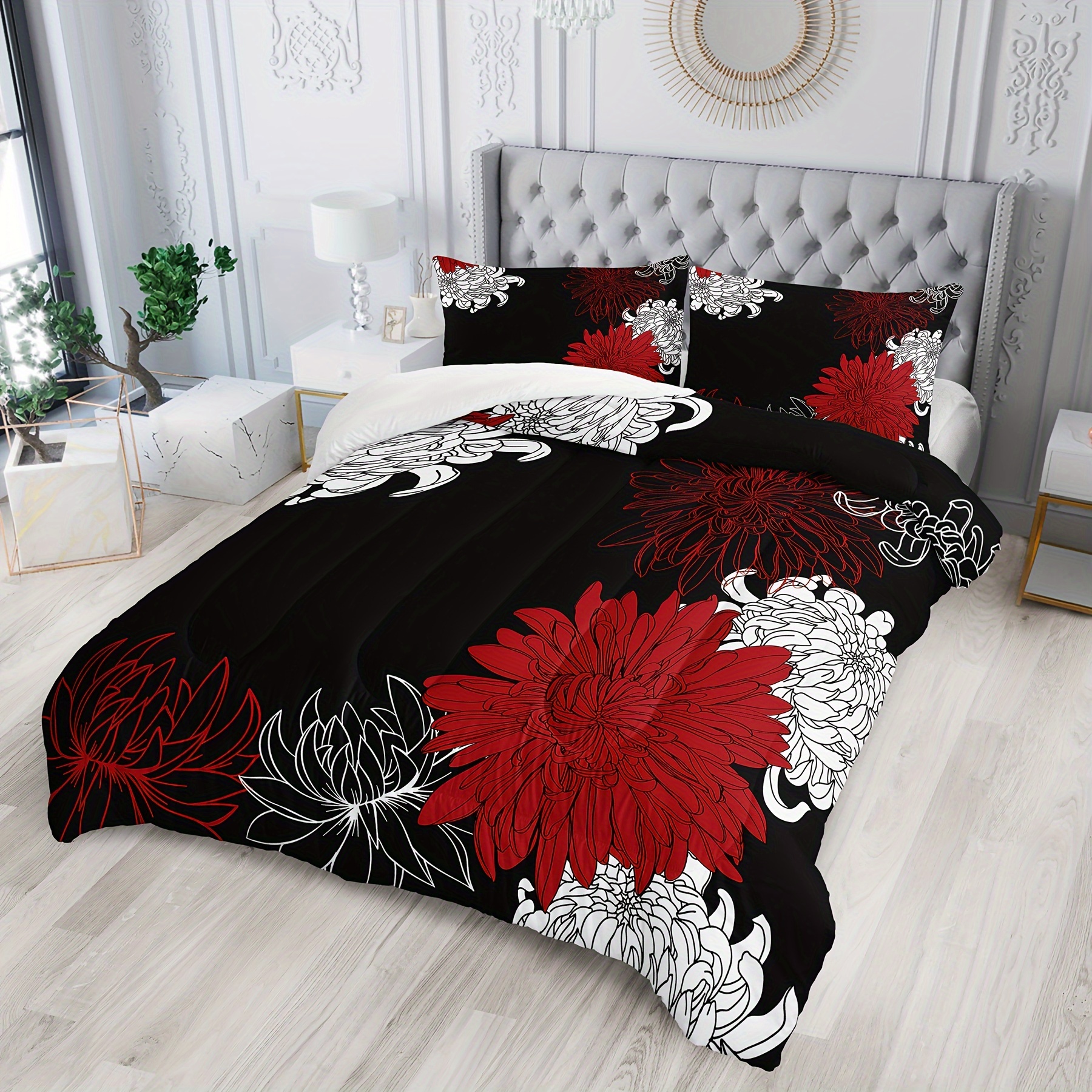 3pc, Red And Black Chrysanthemum *rter Set, Red Bedding *rter Sets, Red And  Black Room Decor For Bedroom, Quilt Bedding Set Flower, Boho