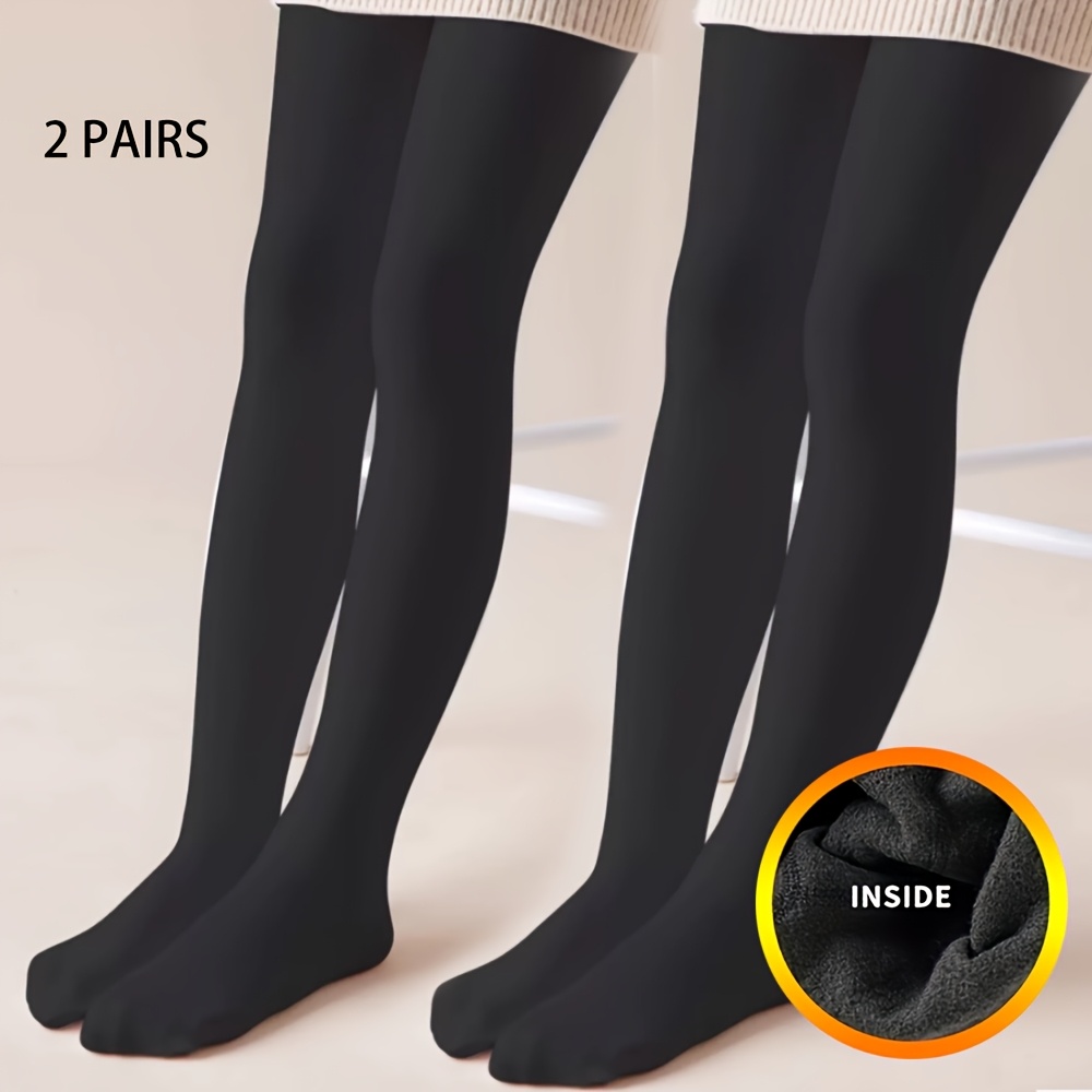 Image of 1/2pcs Set Of Plush Black Autumn Winter Style Leggings, Elastic Warm Thin Plush Girls' Tights, Versatile School Style Small To Large Dance Leggings