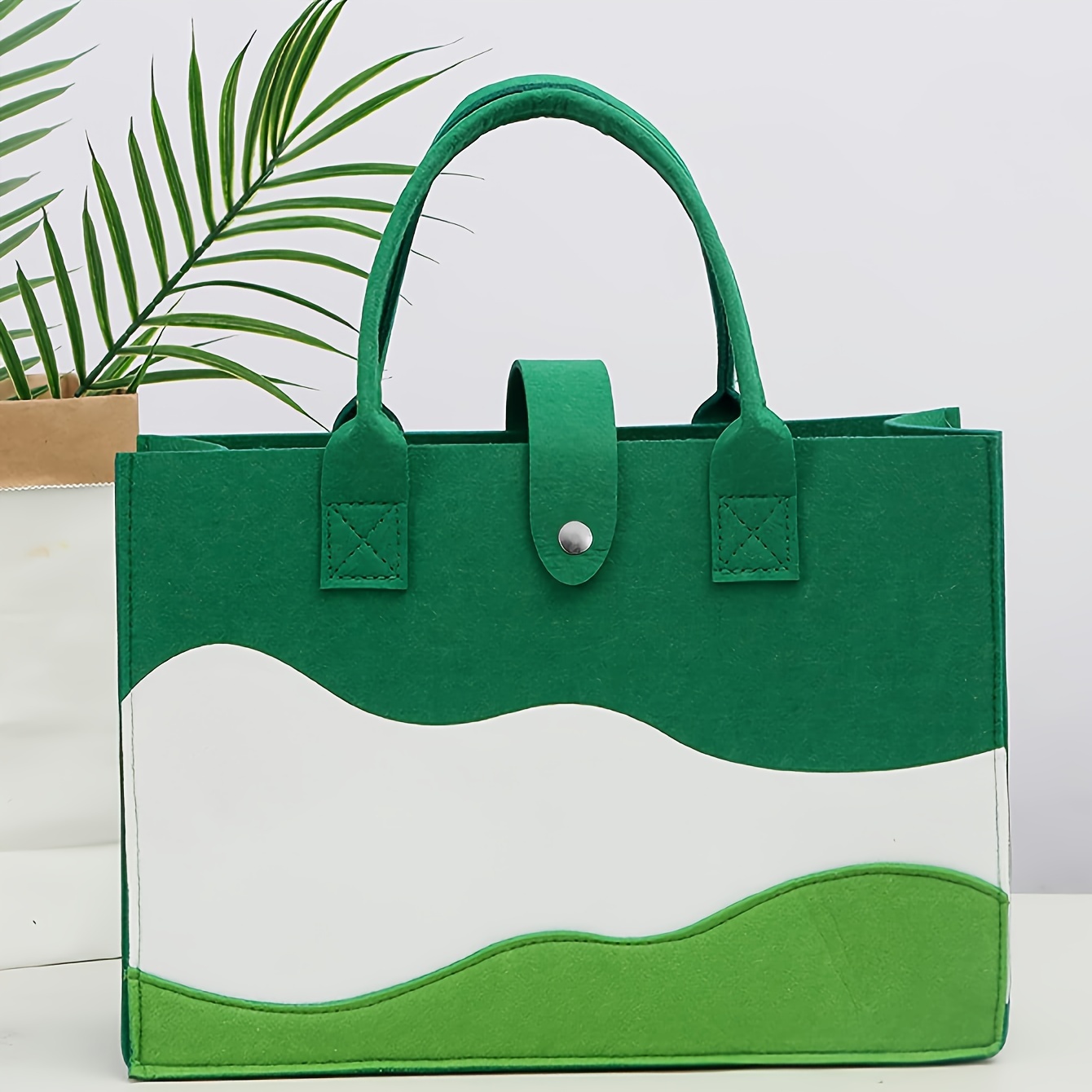 TEMU Chic Colorblock Felt Tote Bag With Button Closure - Spacious & Lightweight, Available In Red/green/blue/black