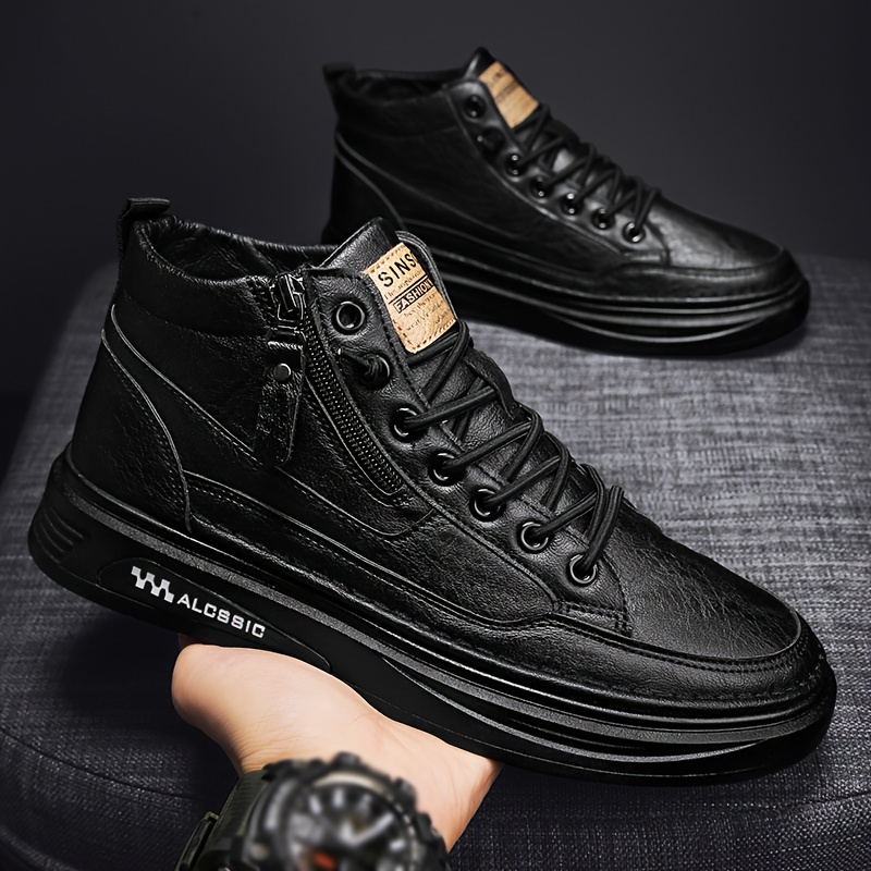 

Trendy Faux Leather Men's High Top Skate Shoes With Elastic Shoelace And Zipper, Non Slip Comfy Casual Shoes For Traveling Street Walking