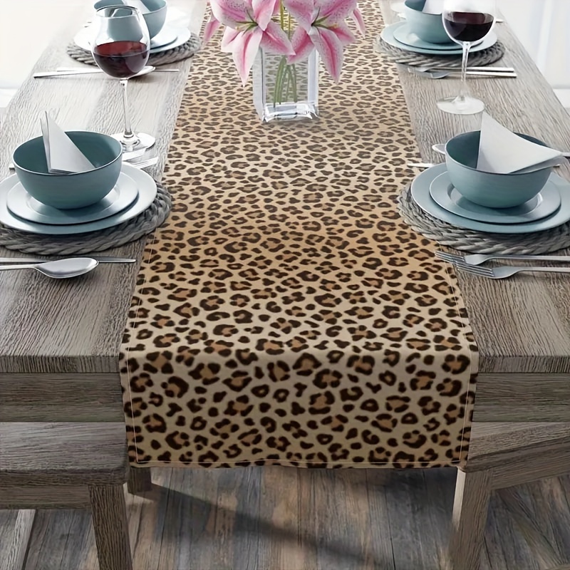 Image of Polyester Leopard Print Table Runner - Woven Rectangle Table Linen For Dining & Kitchen Decor, Ideal For Home Gatherings & Parties, Fade Resistant And Machine Washable